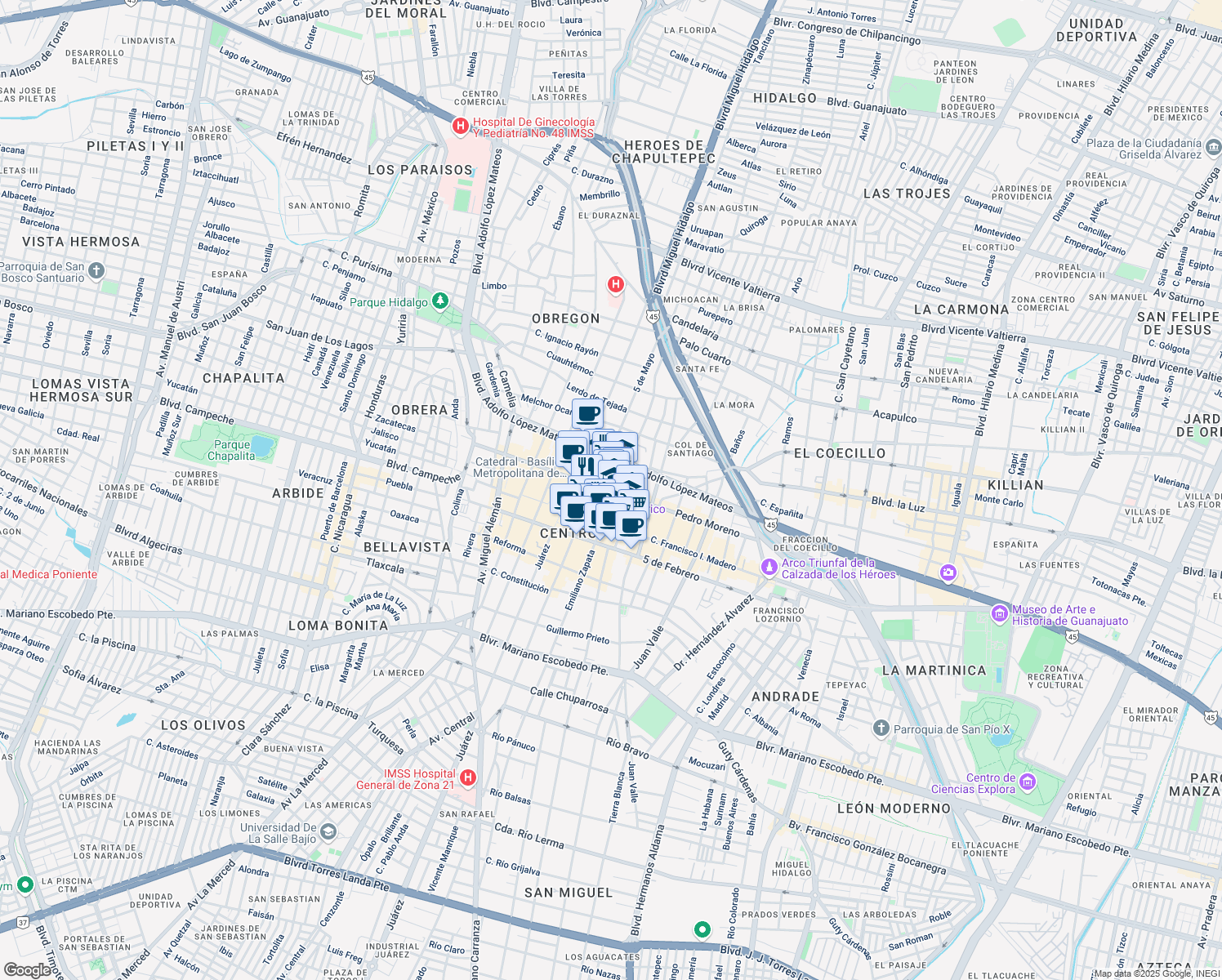 map of restaurants, bars, coffee shops, grocery stores, and more near 117 Pedro Moreno in León