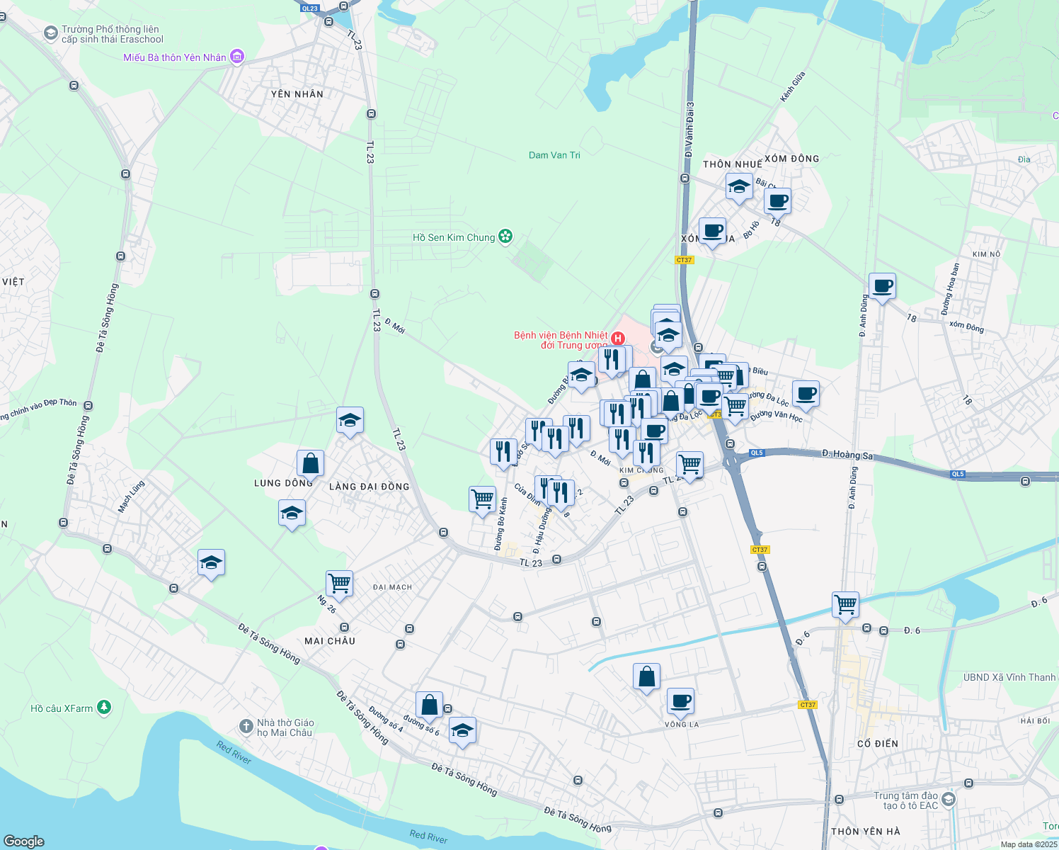 map of restaurants, bars, coffee shops, grocery stores, and more near 6 Đường Bờ Kênh in Đông Anh