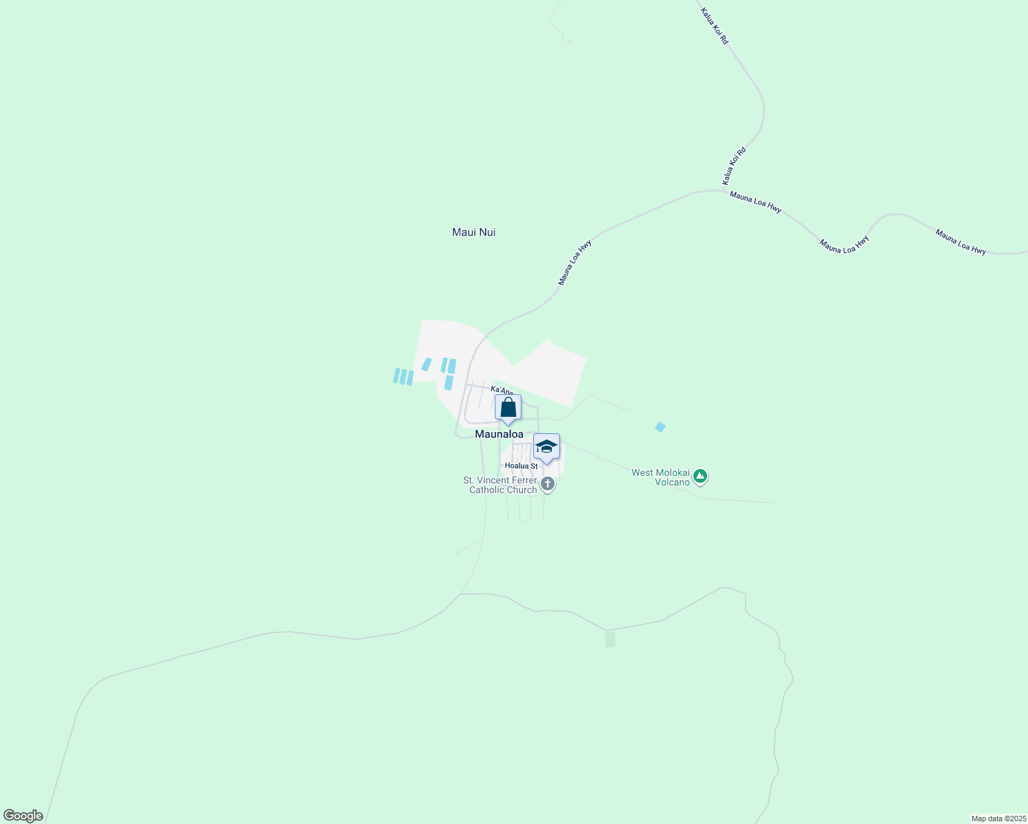 map of restaurants, bars, coffee shops, grocery stores, and more near 25 Halena Street in Maunaloa