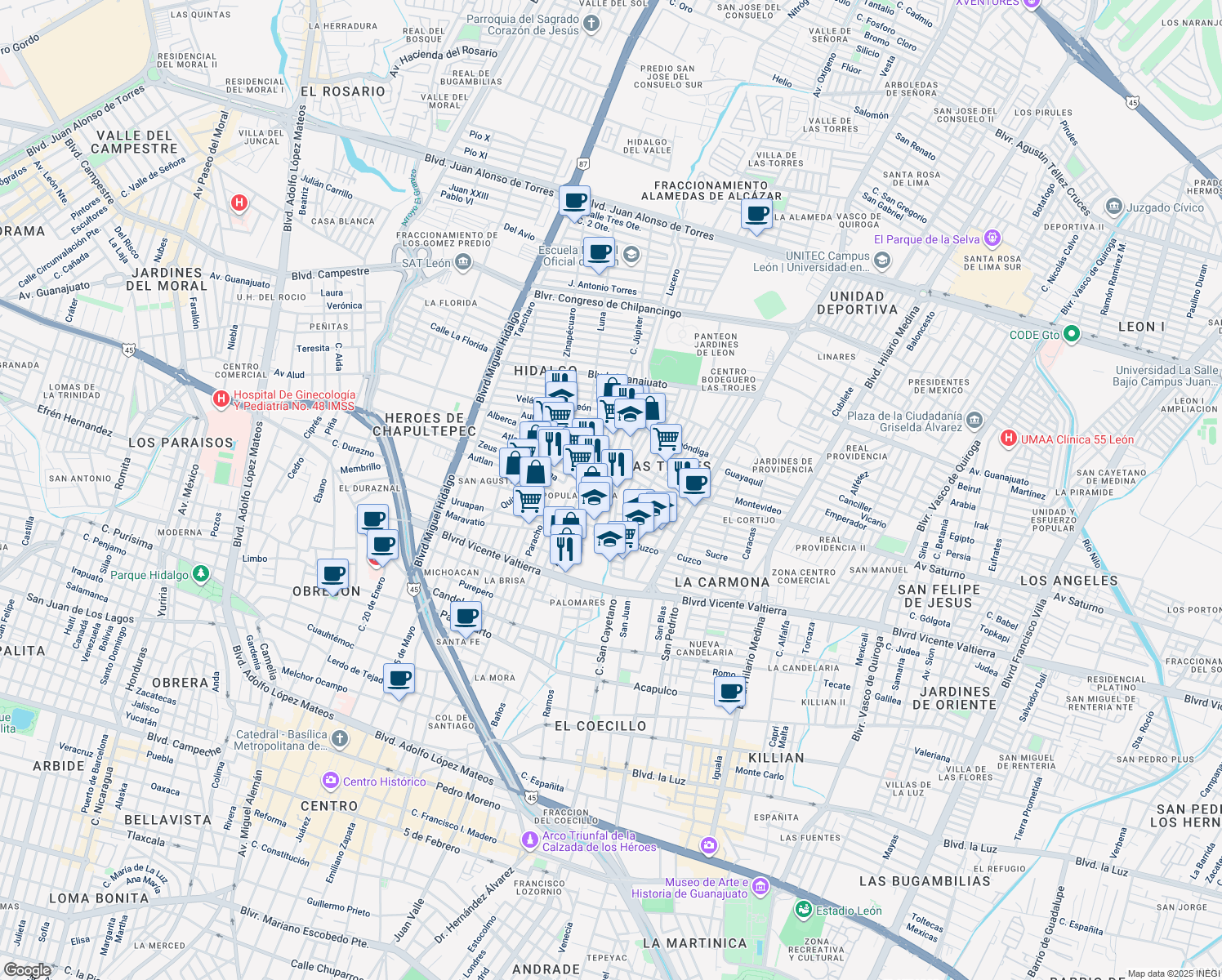 map of restaurants, bars, coffee shops, grocery stores, and more near 608 Zeus in León de los Aldama