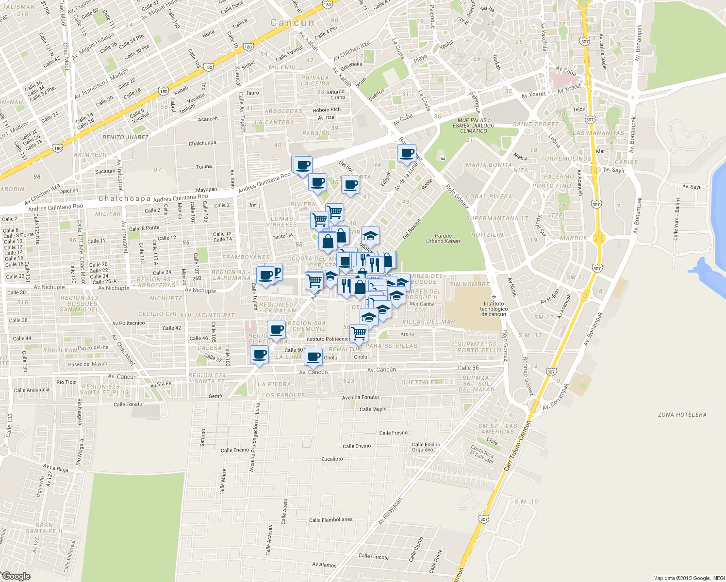 map of restaurants, bars, coffee shops, grocery stores, and more near in Cancún