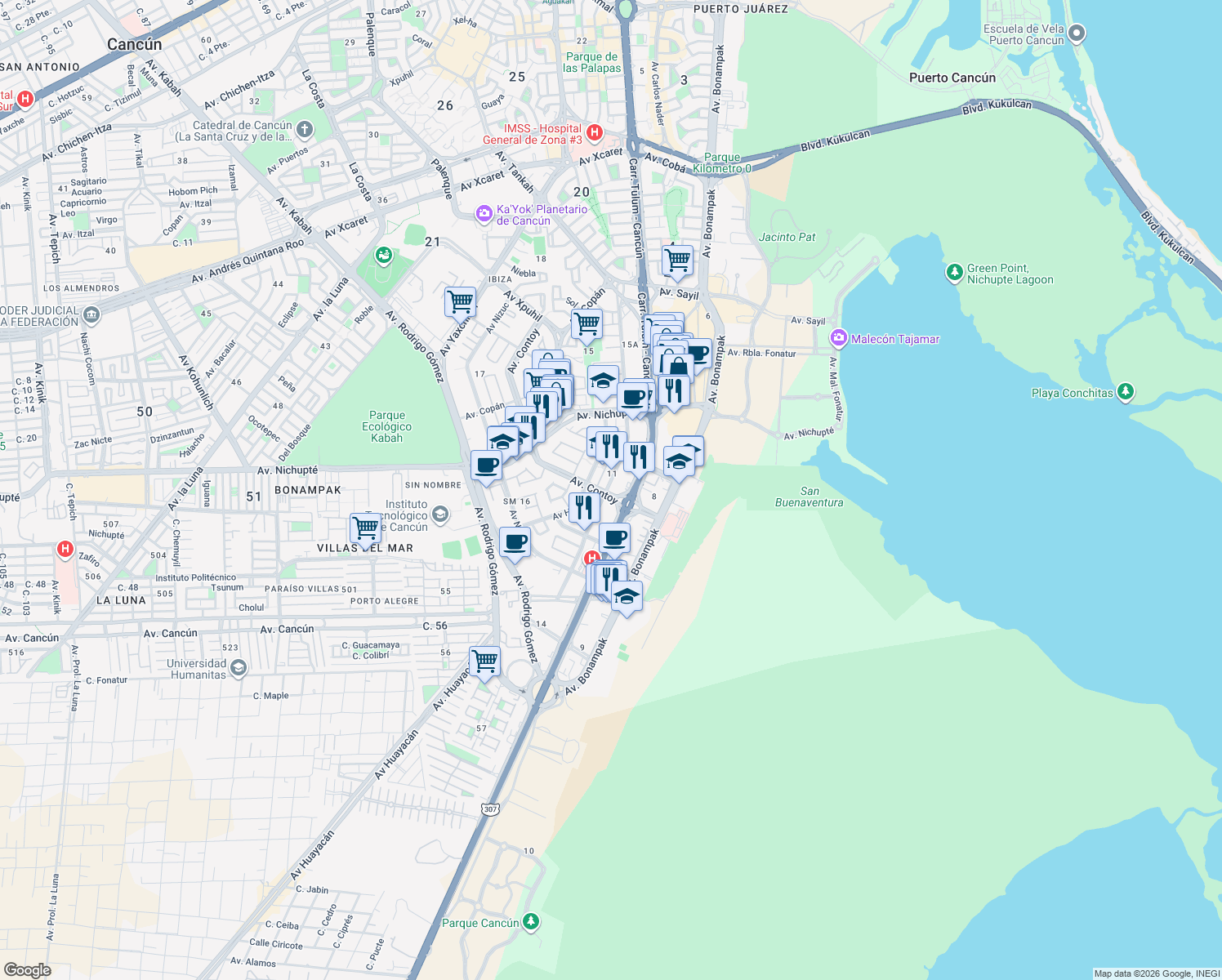 map of restaurants, bars, coffee shops, grocery stores, and more near 11 Calle Acanceh in Cancún