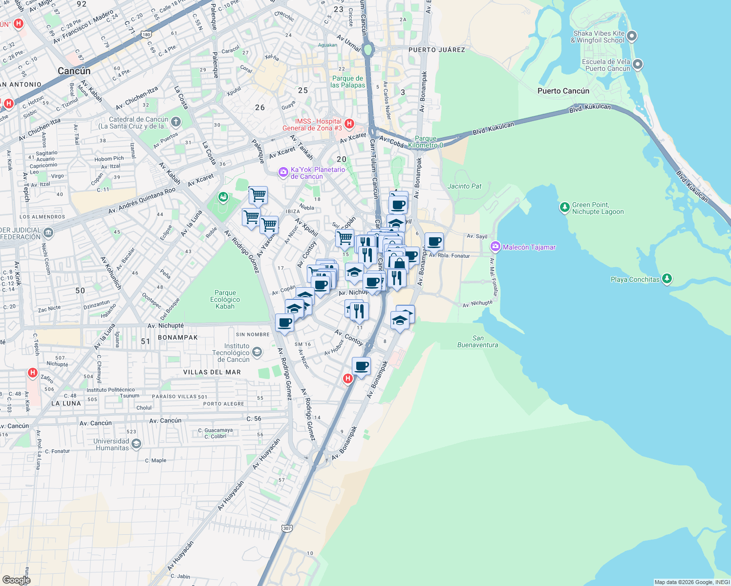 map of restaurants, bars, coffee shops, grocery stores, and more near 11 Calle Acanceh in Cancún