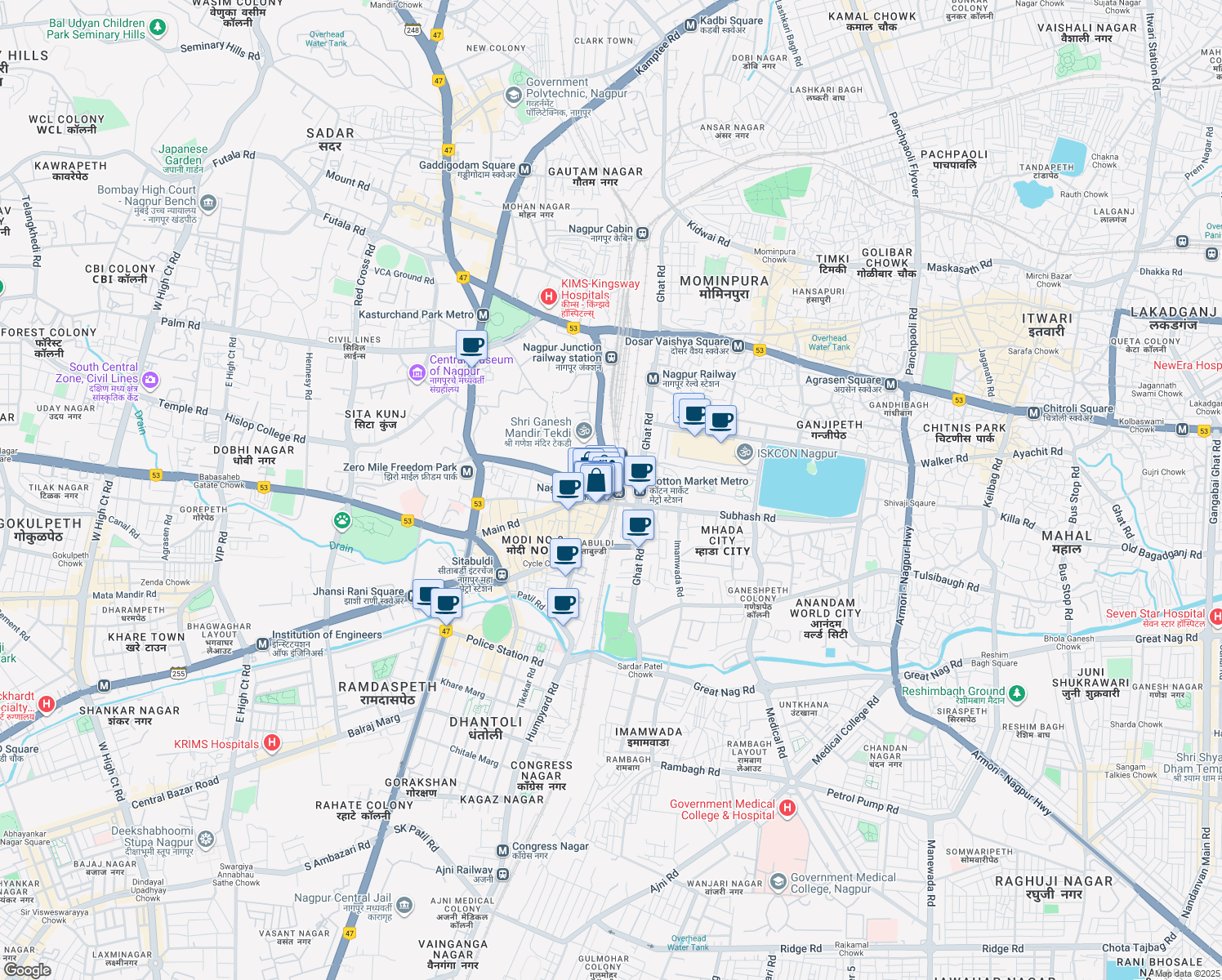 map of restaurants, bars, coffee shops, grocery stores, and more near in Nagpur