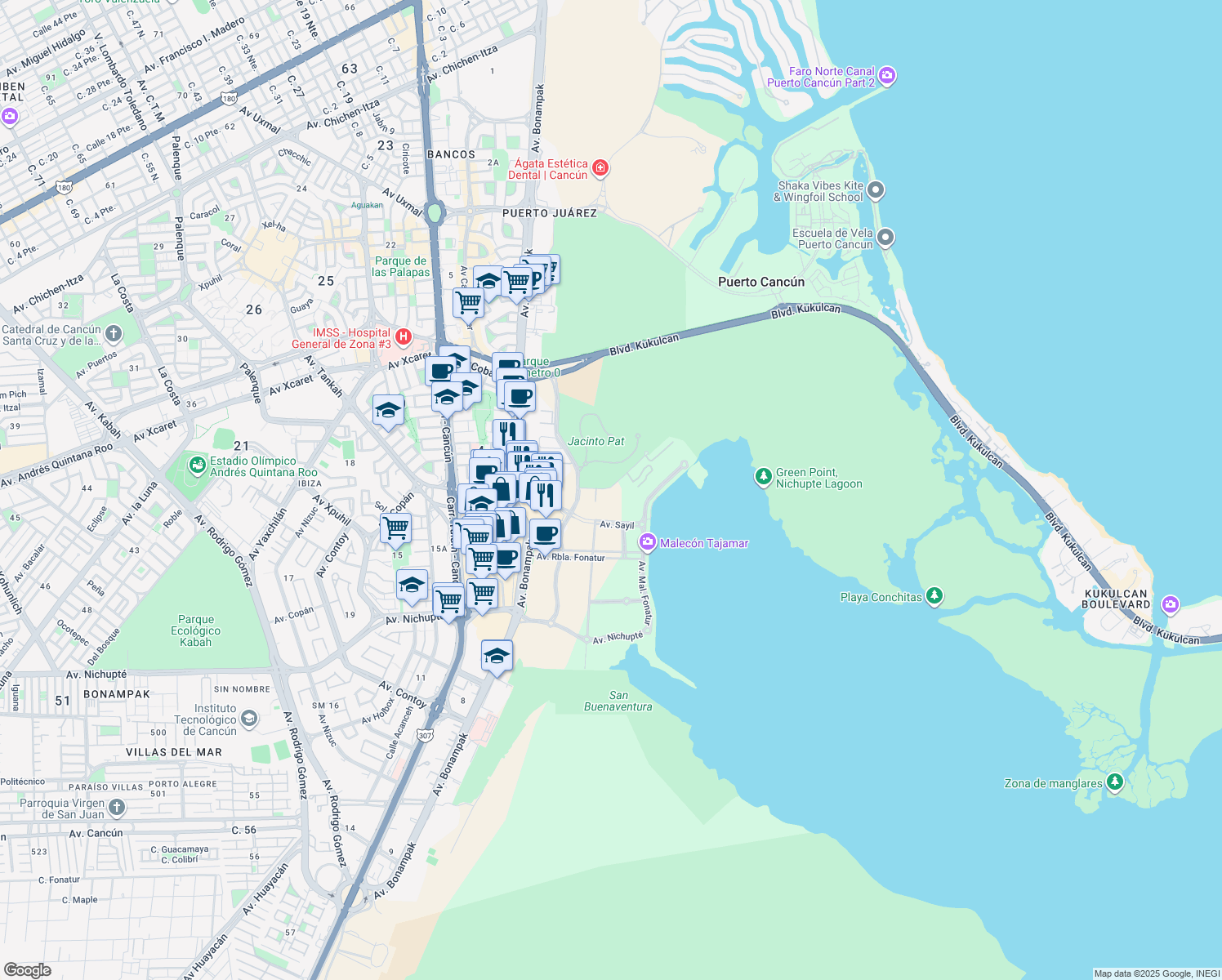 map of restaurants, bars, coffee shops, grocery stores, and more near Avenida Antonio Enríquez Savignac in Cancún