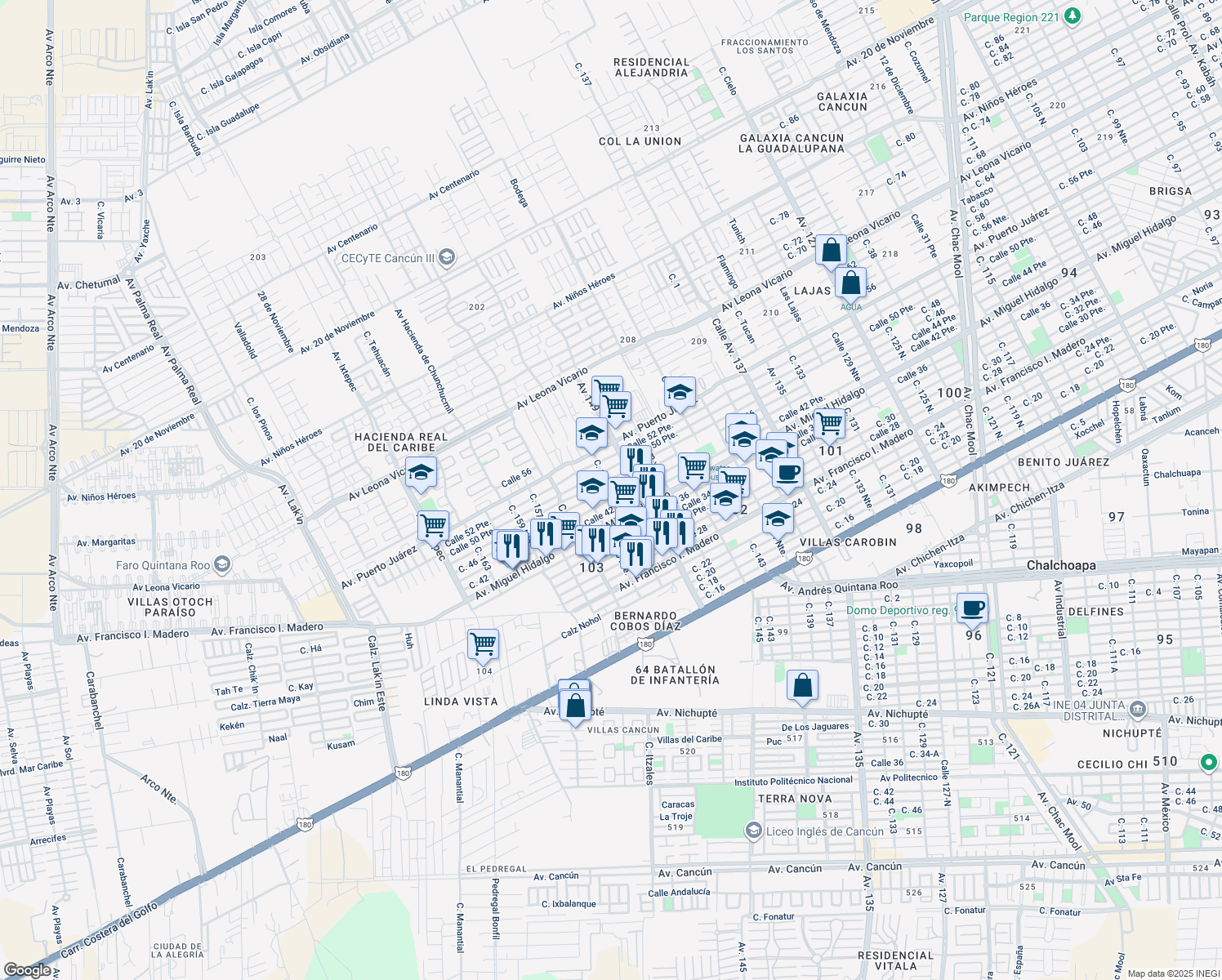 map of restaurants, bars, coffee shops, grocery stores, and more near Calle 151 Norte in Cancún