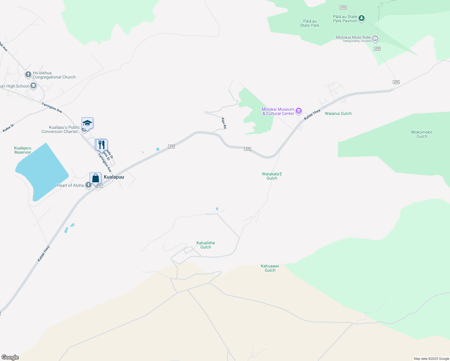 map of restaurants, bars, coffee shops, grocery stores, and more near 1772 Okana Street in Kualapuu