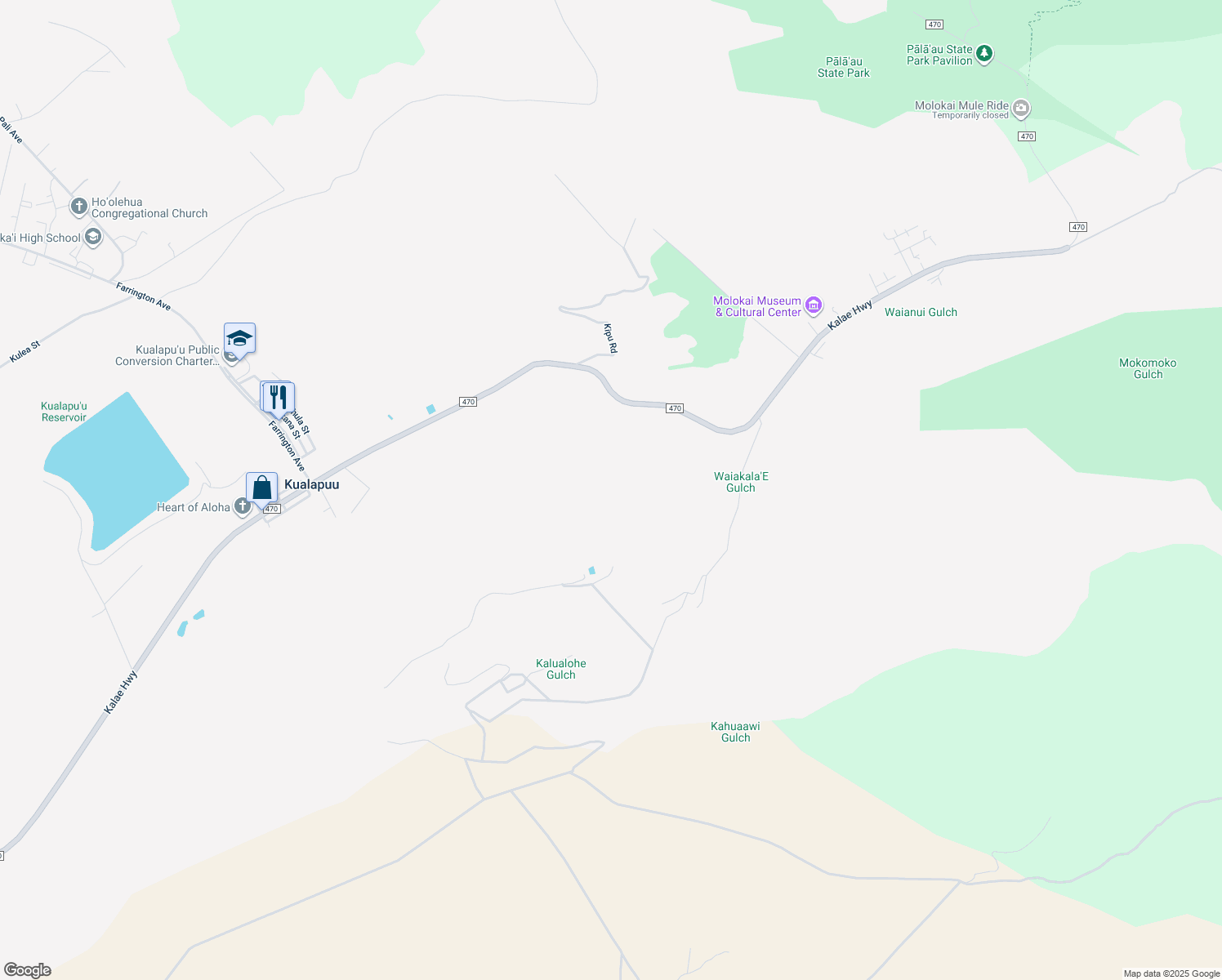 map of restaurants, bars, coffee shops, grocery stores, and more near 1705 Alahula Street in Kualapuu