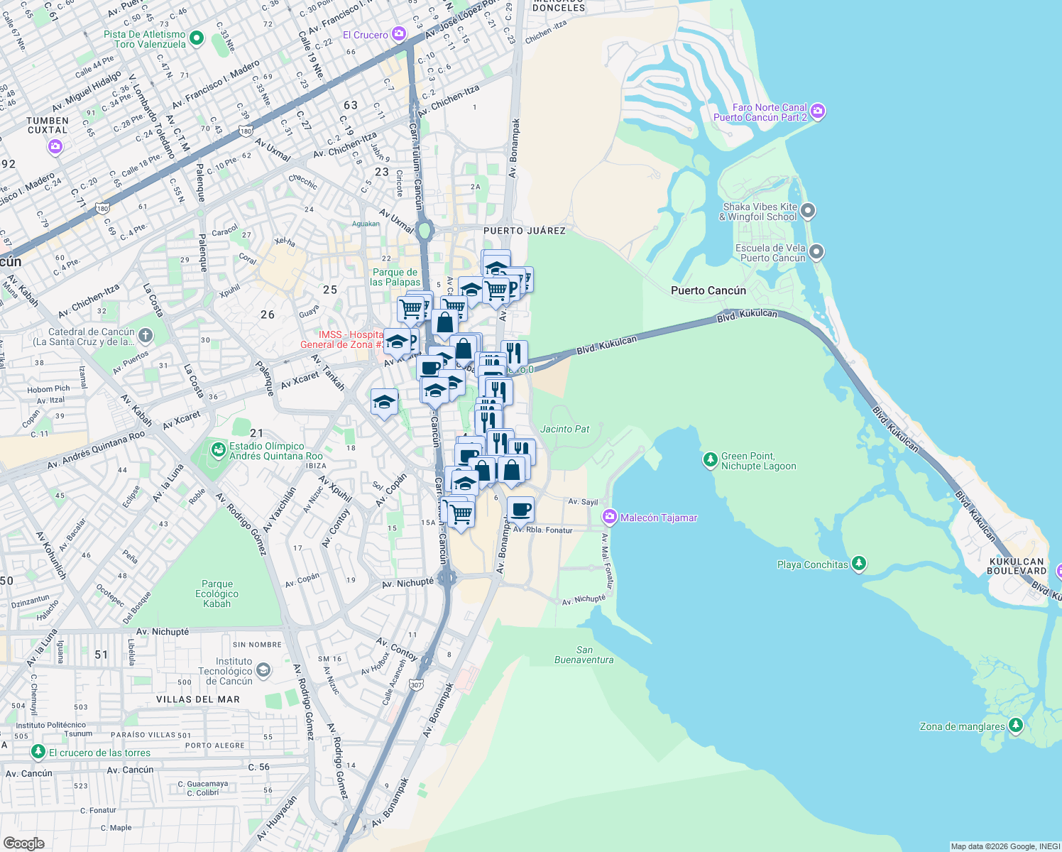 map of restaurants, bars, coffee shops, grocery stores, and more near Avenida Antonio Enríquez Savignac in Cancún