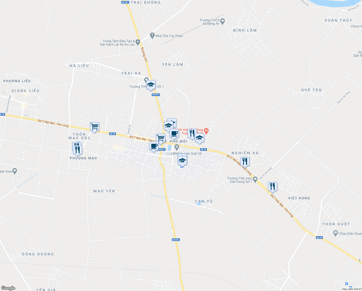 map of restaurants, bars, coffee shops, grocery stores, and more near Đường 18 in Quế Võ