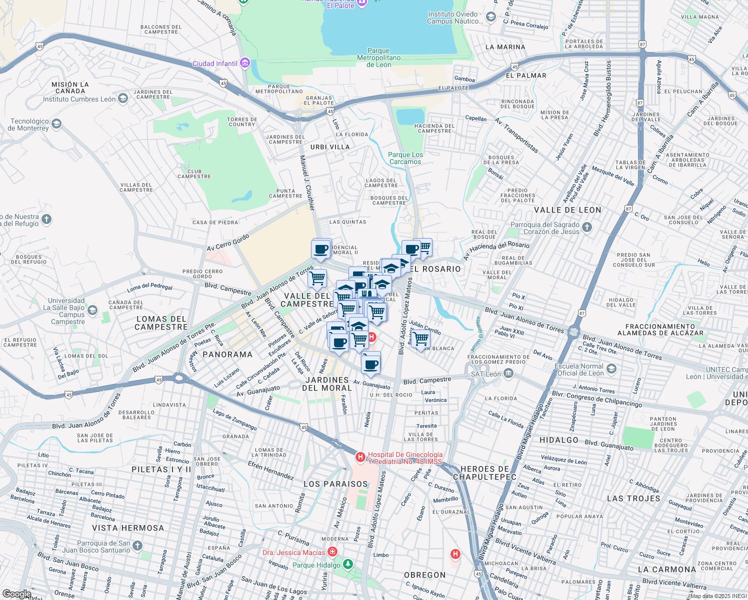 map of restaurants, bars, coffee shops, grocery stores, and more near 215 Avenida Paseo del Juncal in León