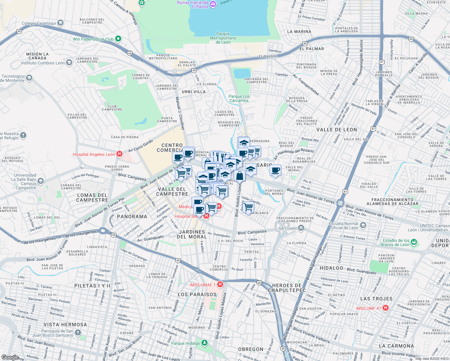 map of restaurants, bars, coffee shops, grocery stores, and more near 106 Avenida Paseo del Juncal in León de los Aldama