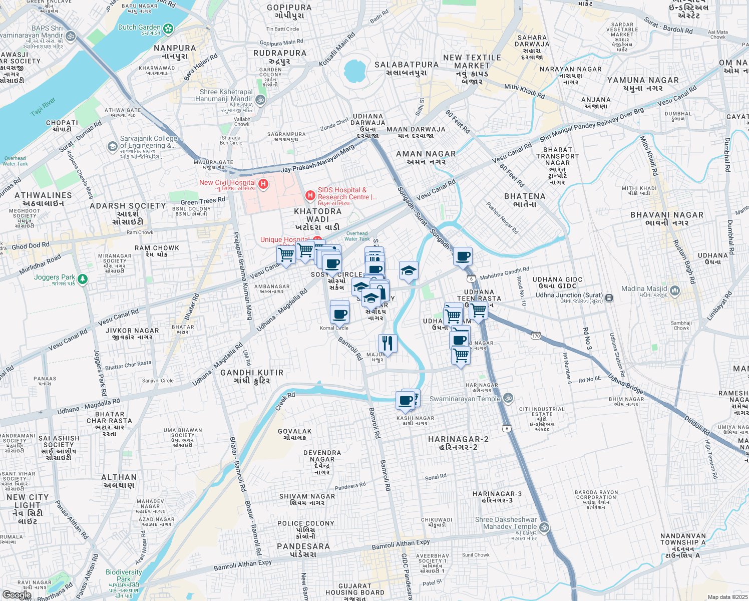 map of restaurants, bars, coffee shops, grocery stores, and more near 1/2758 Ardeshar Kotval Road in Surat