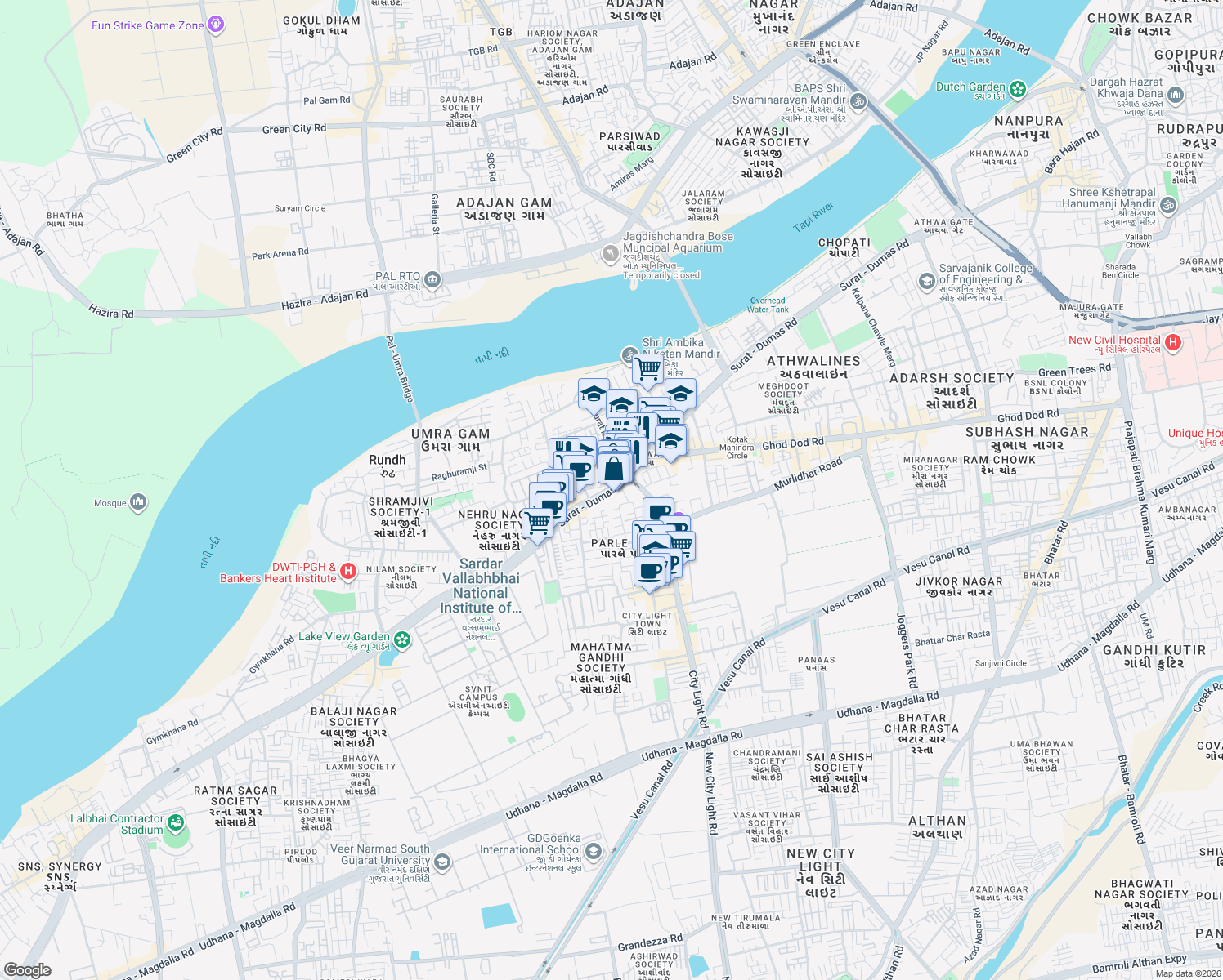 map of restaurants, bars, coffee shops, grocery stores, and more near Parle Point Flyover in Surat