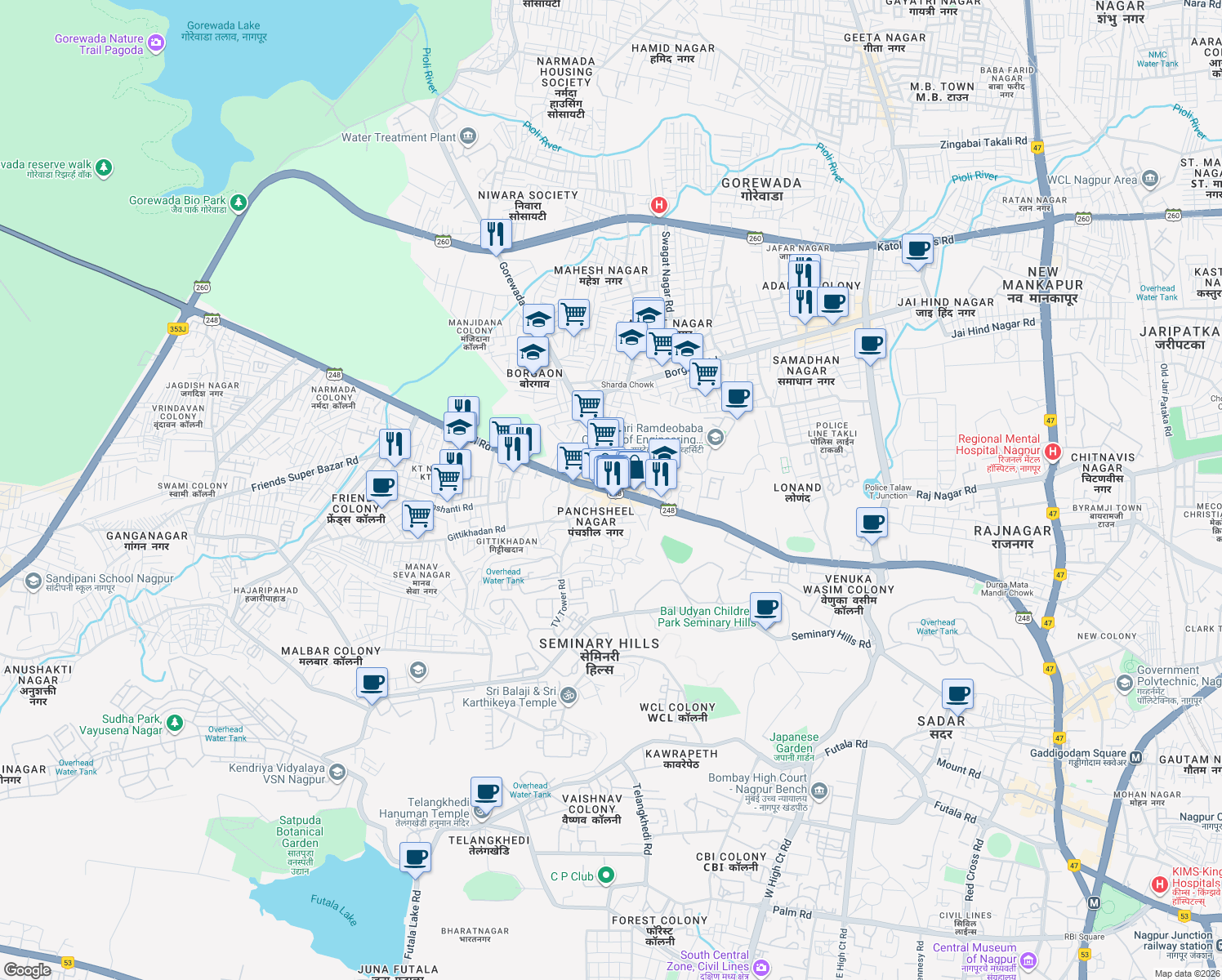 map of restaurants, bars, coffee shops, grocery stores, and more near Katol Road in Nagpur