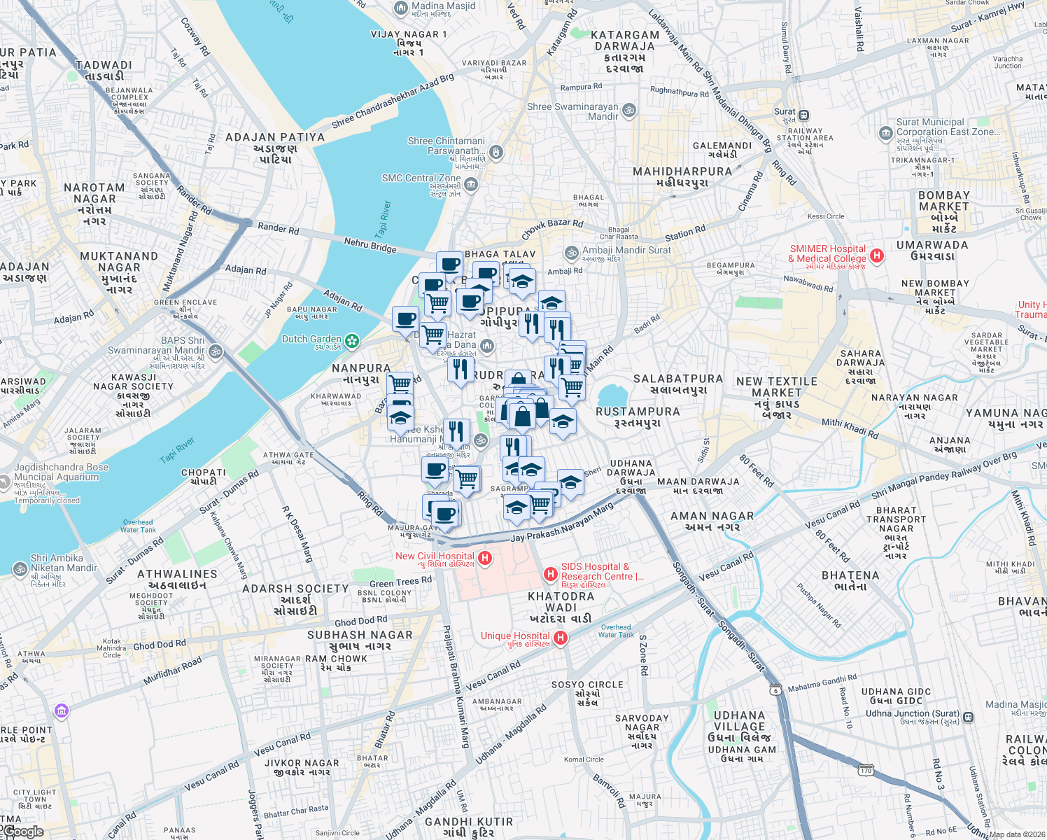 map of restaurants, bars, coffee shops, grocery stores, and more near Sagrampura Talavdi Road in Surat