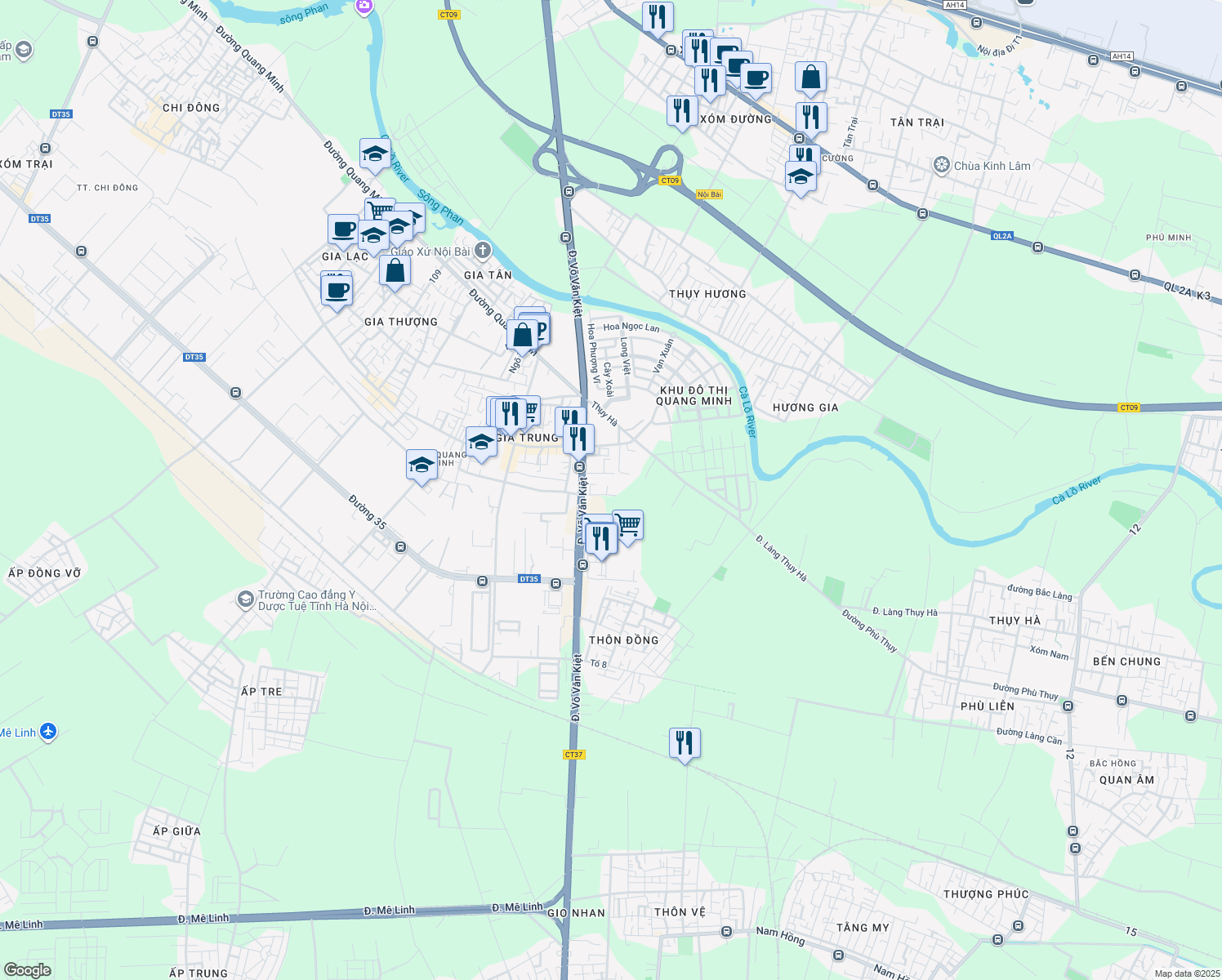 map of restaurants, bars, coffee shops, grocery stores, and more near Võ Văn Kiệt in Mê Linh