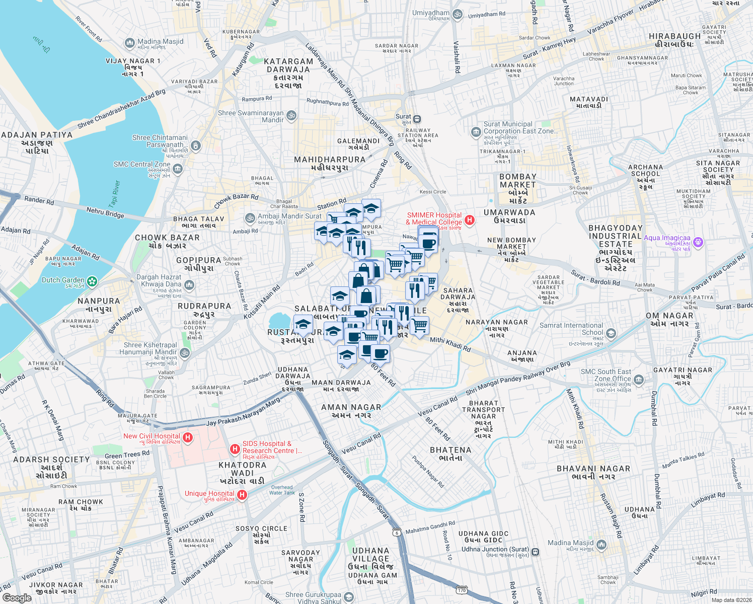 map of restaurants, bars, coffee shops, grocery stores, and more near Inderpura Khatriwad Salabatpura Main Road in Surat
