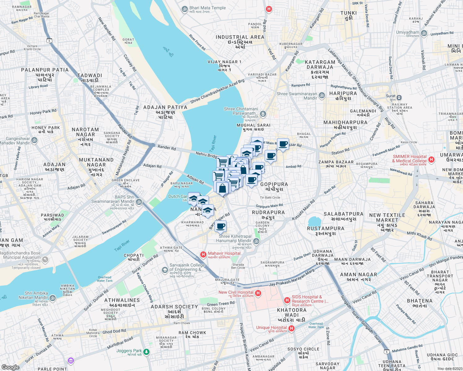 map of restaurants, bars, coffee shops, grocery stores, and more near 1/2758 Ardeshar Kotval Road in Surat