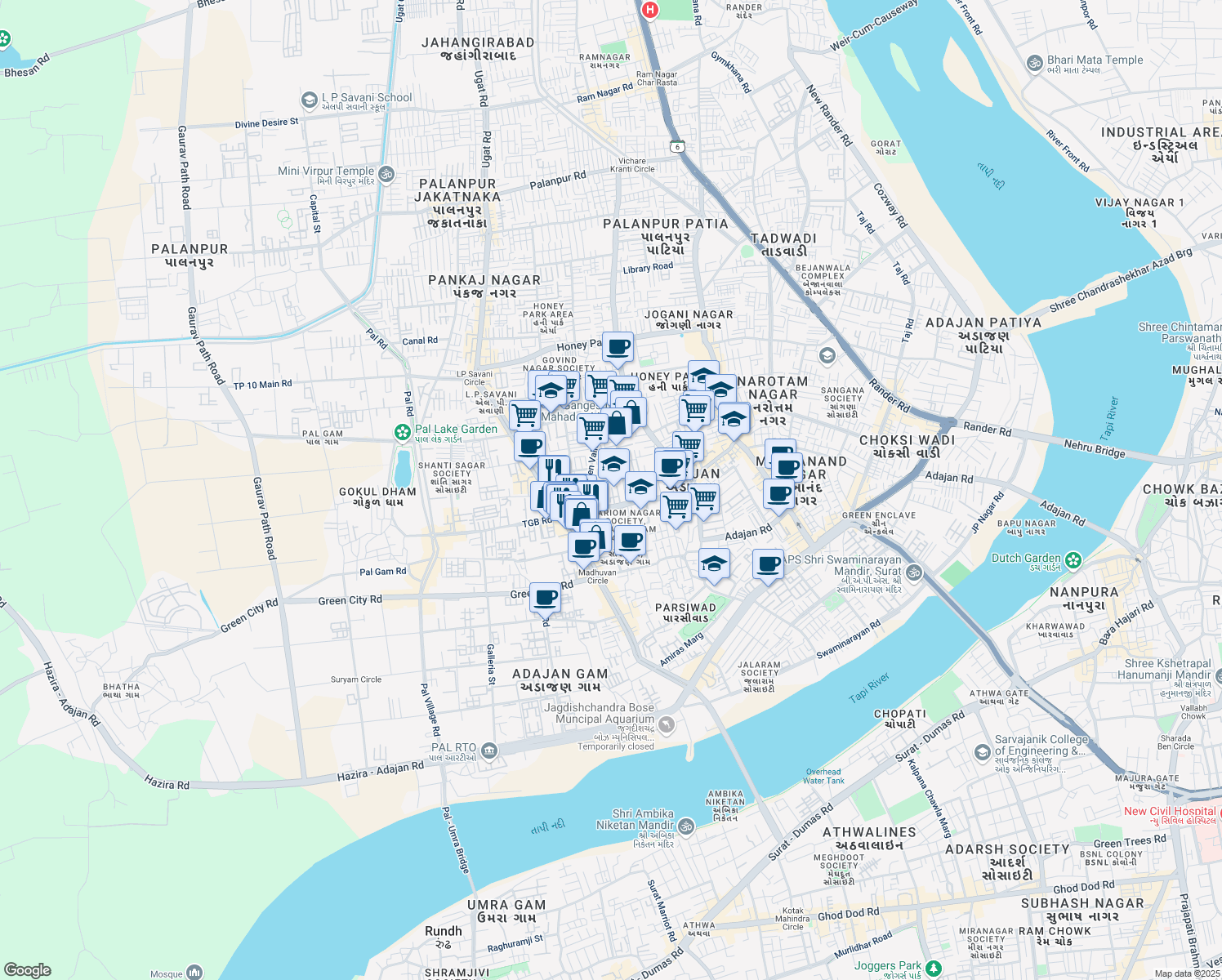 map of restaurants, bars, coffee shops, grocery stores, and more near 71 Haridwar Society Kalpana Chawla Marg in Surat