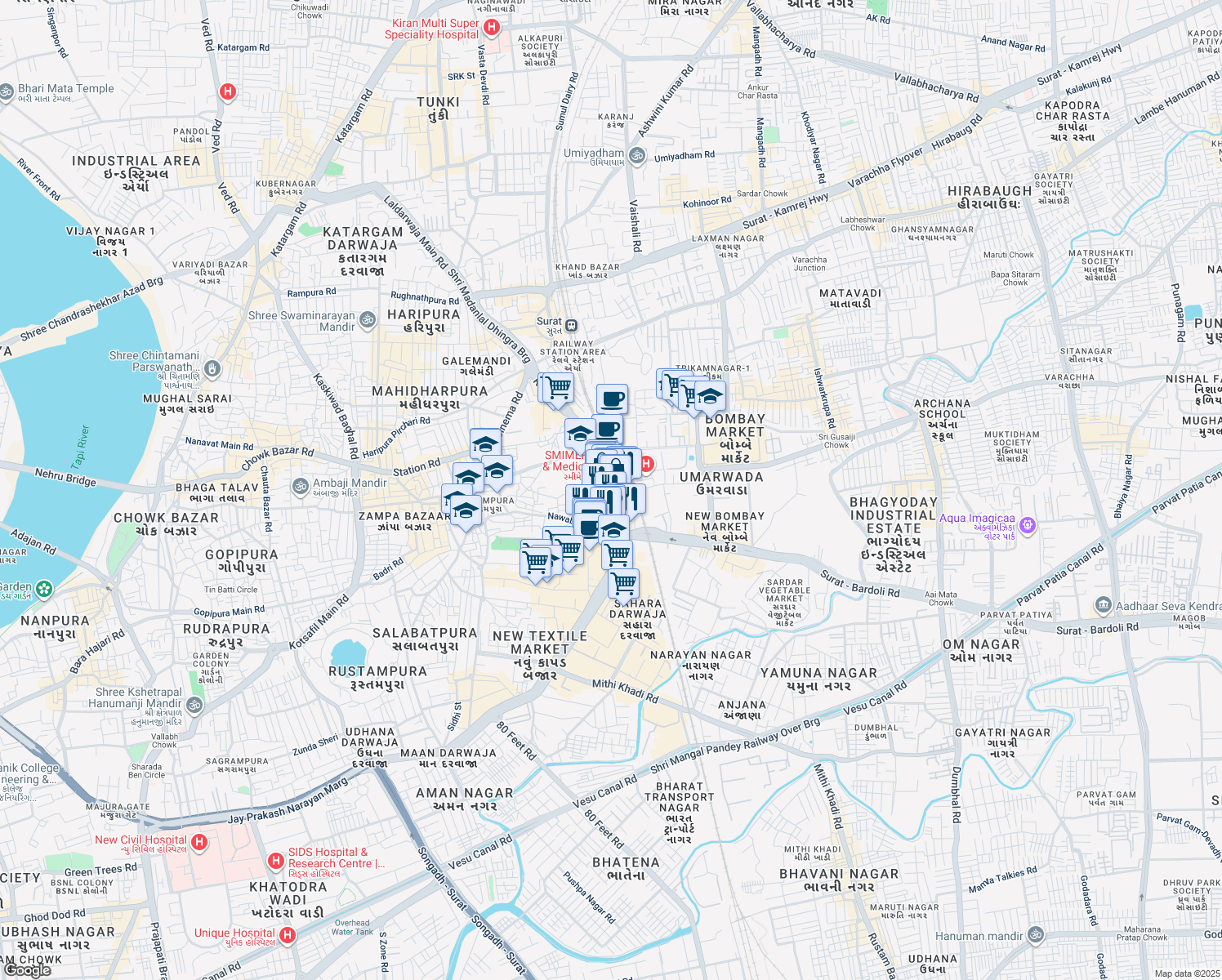 map of restaurants, bars, coffee shops, grocery stores, and more near 2400-2401 New Textile Market ( NTM ) Ring Road in Surat