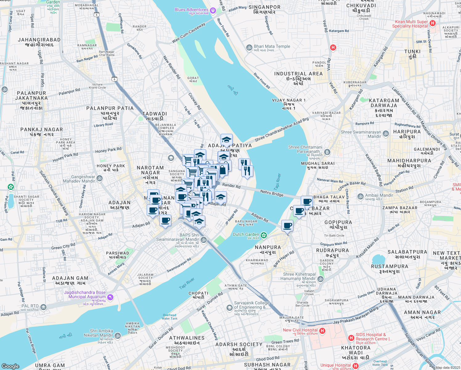 map of restaurants, bars, coffee shops, grocery stores, and more near Rander Road in Surat