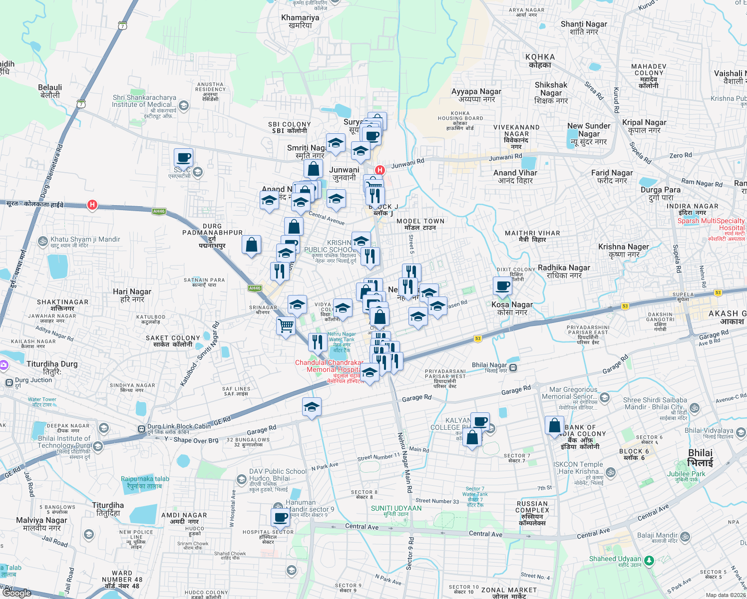 map of restaurants, bars, coffee shops, grocery stores, and more near Nehru Nagar Main Rd in Bhilai