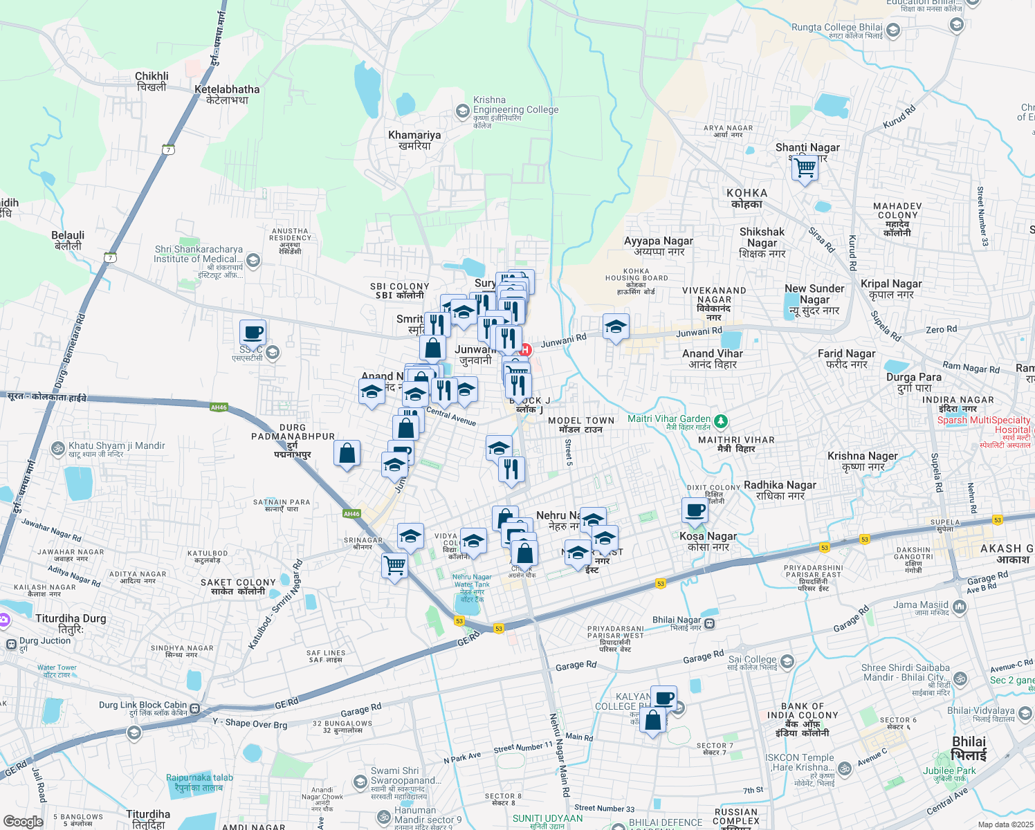 map of restaurants, bars, coffee shops, grocery stores, and more near Nehru Nagar Main Road in Smriti Nagar