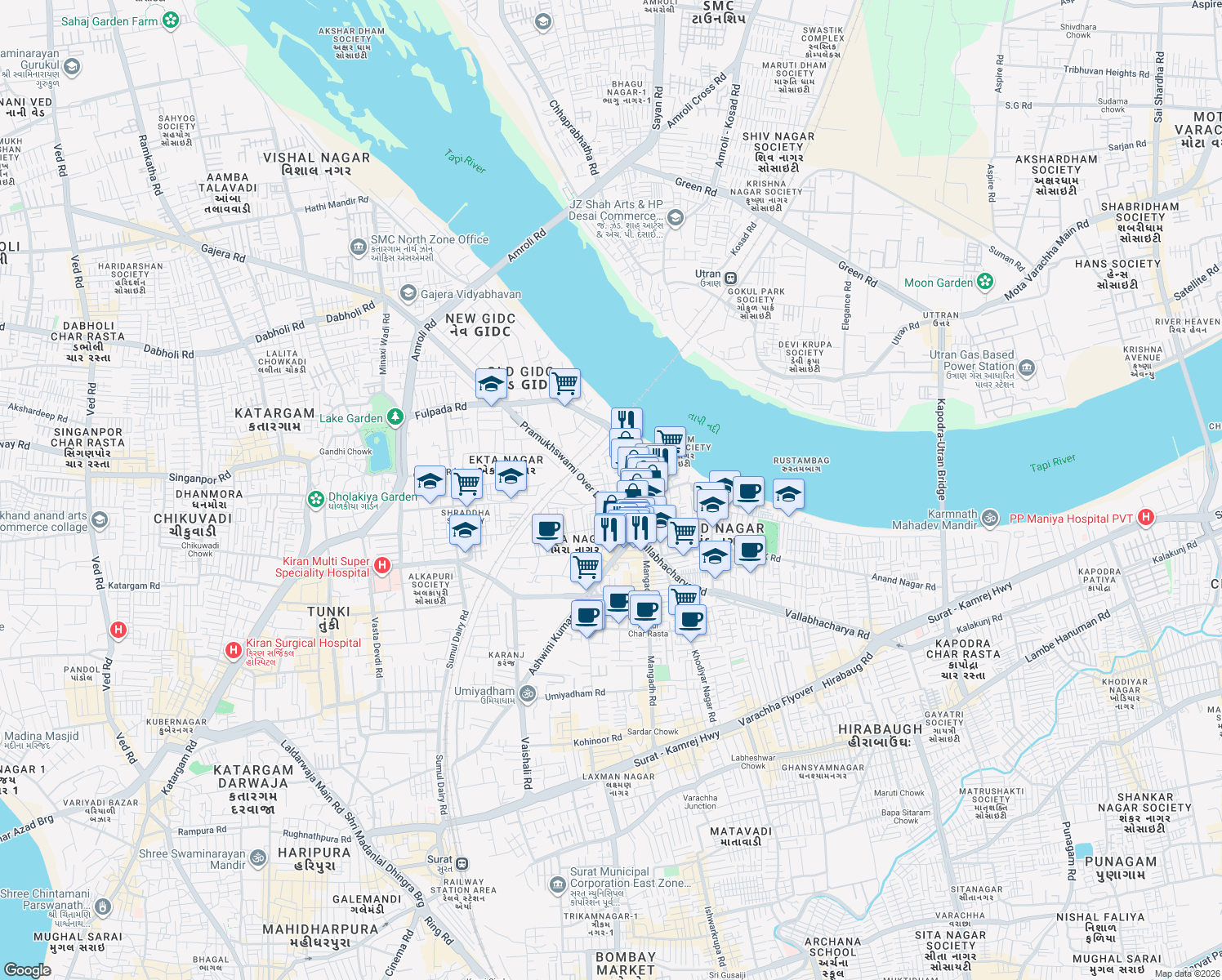 map of restaurants, bars, coffee shops, grocery stores, and more near 37 Ashwini Kumar Road in Surat