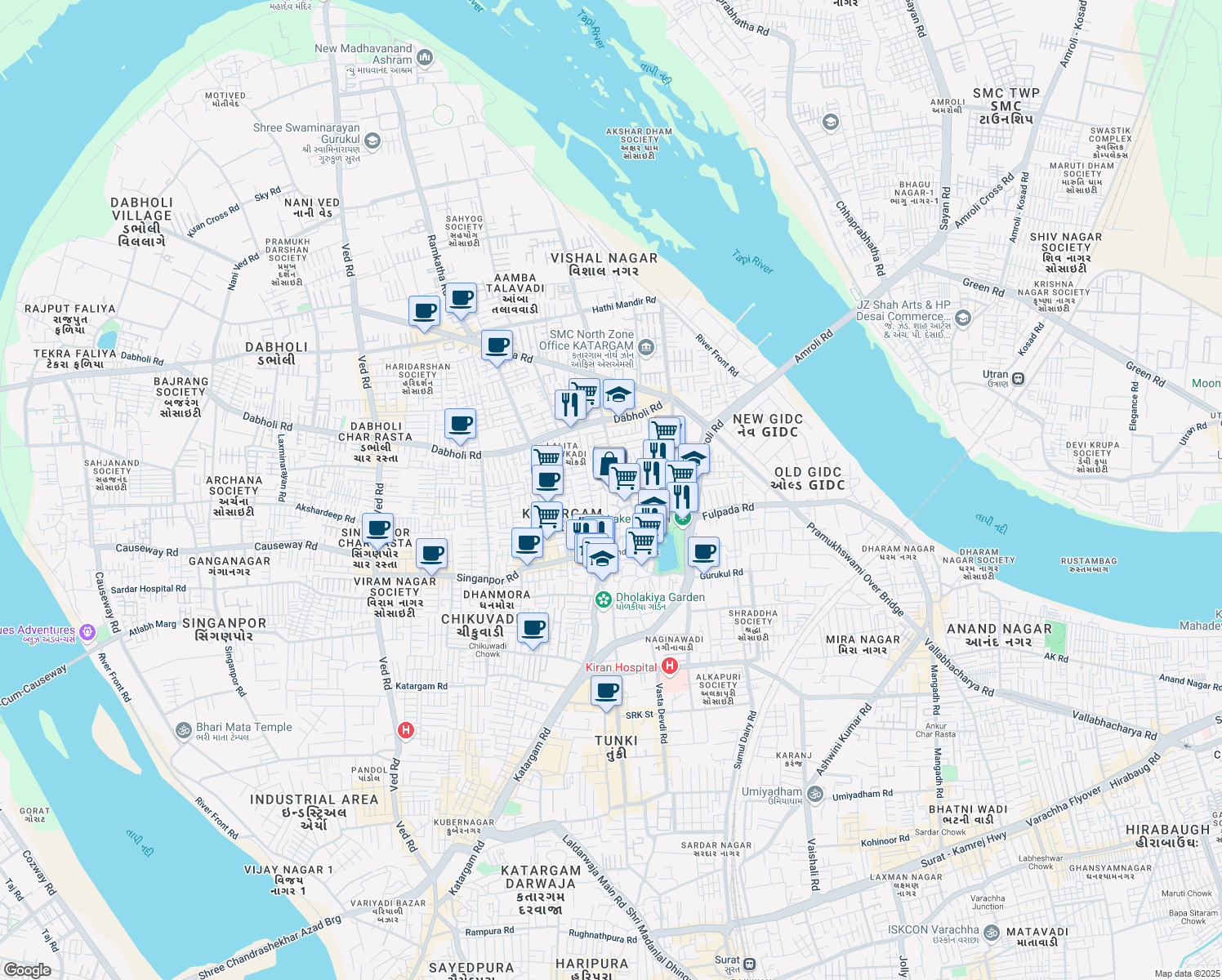 map of restaurants, bars, coffee shops, grocery stores, and more near in Surat