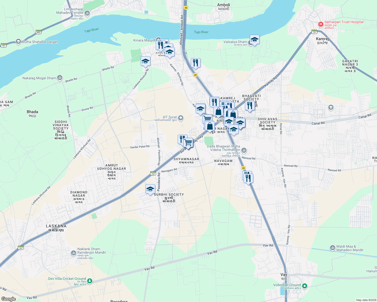 map of restaurants, bars, coffee shops, grocery stores, and more near in Kamrej