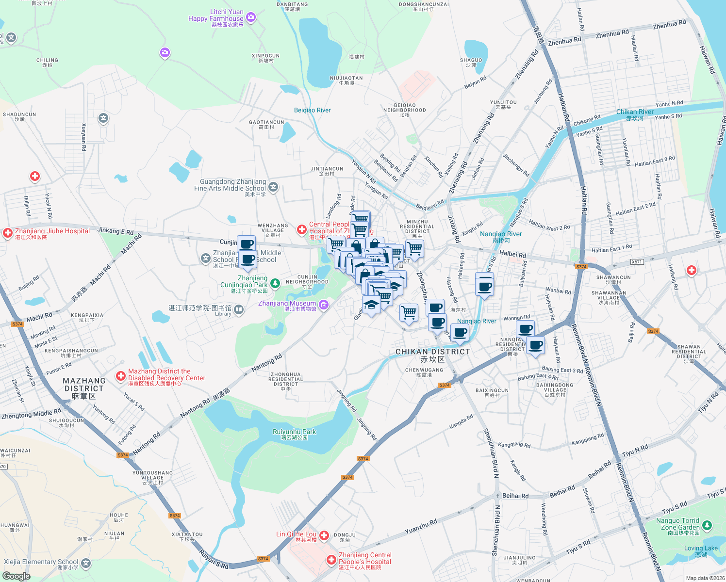 map of restaurants, bars, coffee shops, grocery stores, and more near in Zhanjiang