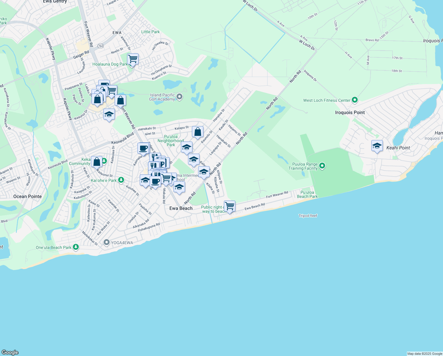 map of restaurants, bars, coffee shops, grocery stores, and more near 91-739 Kilipoe Street in Ewa Beach
