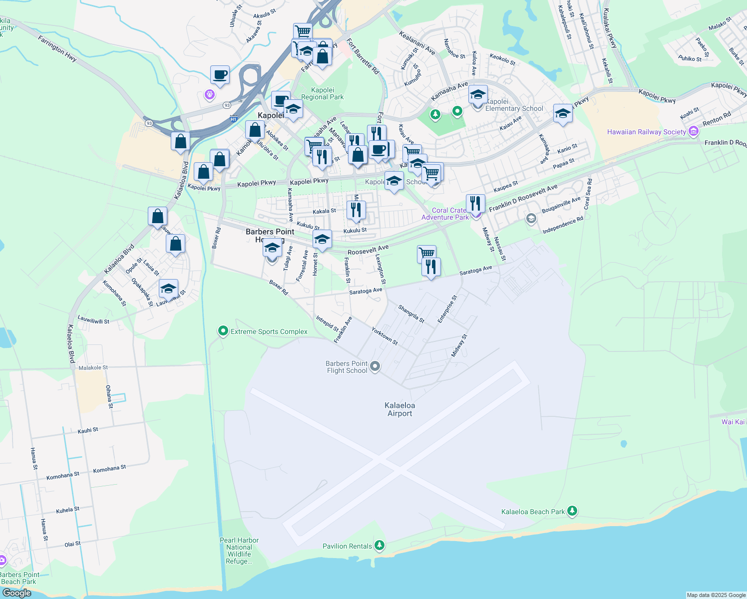 map of restaurants, bars, coffee shops, grocery stores, and more near 293 Saratoga Circle in Kapolei