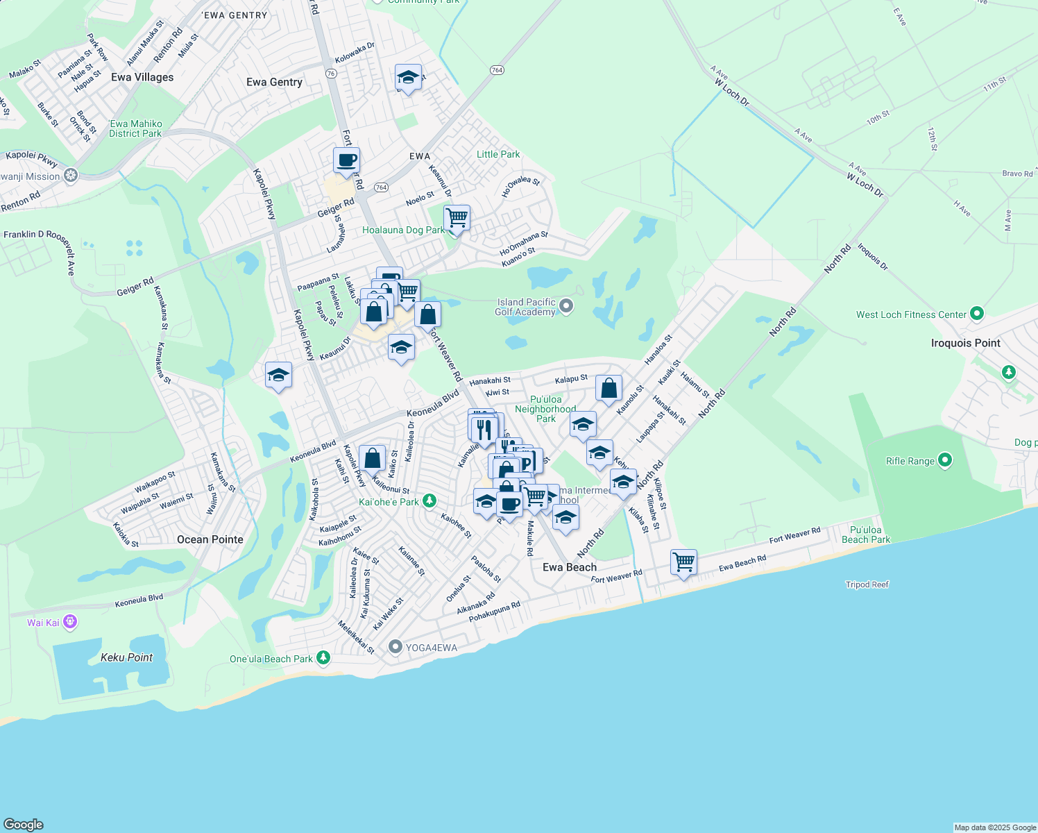 map of restaurants, bars, coffee shops, grocery stores, and more near 91-974 Ololani Street in Ewa Beach