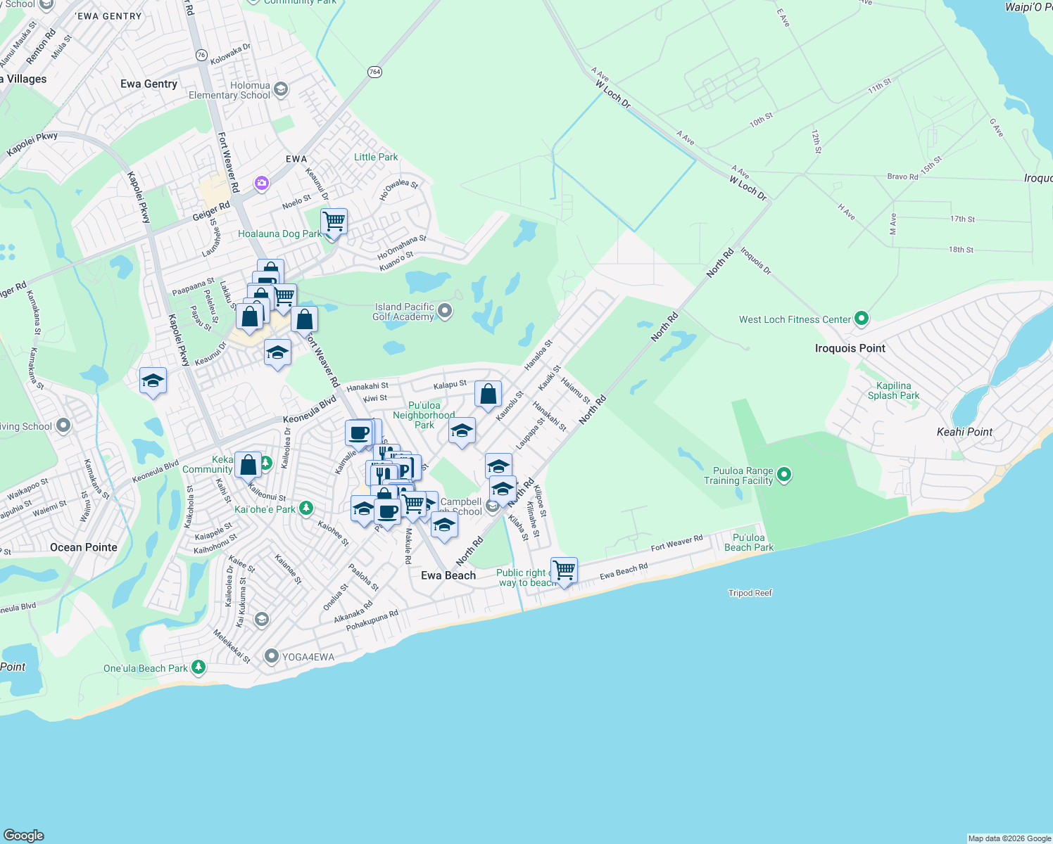 map of restaurants, bars, coffee shops, grocery stores, and more near 91-847 Keleawe Place in Ewa Beach