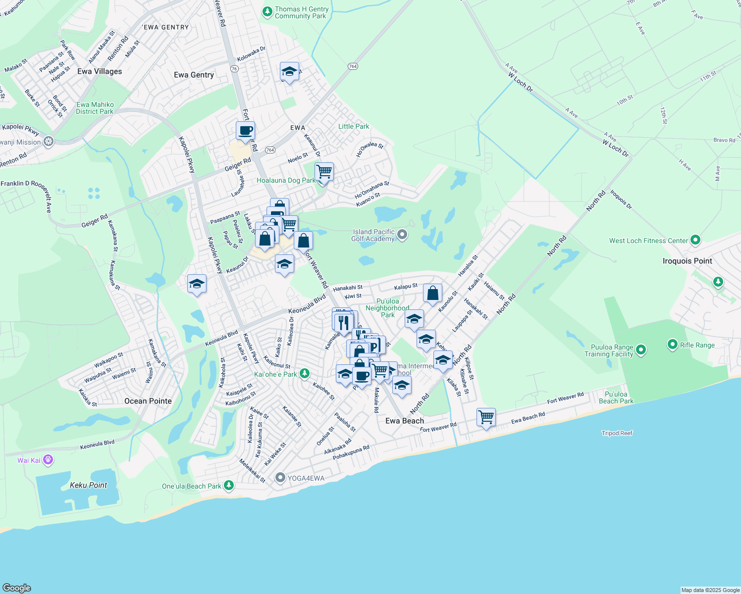 map of restaurants, bars, coffee shops, grocery stores, and more near 91-1008 Pailani Street in Ewa Beach