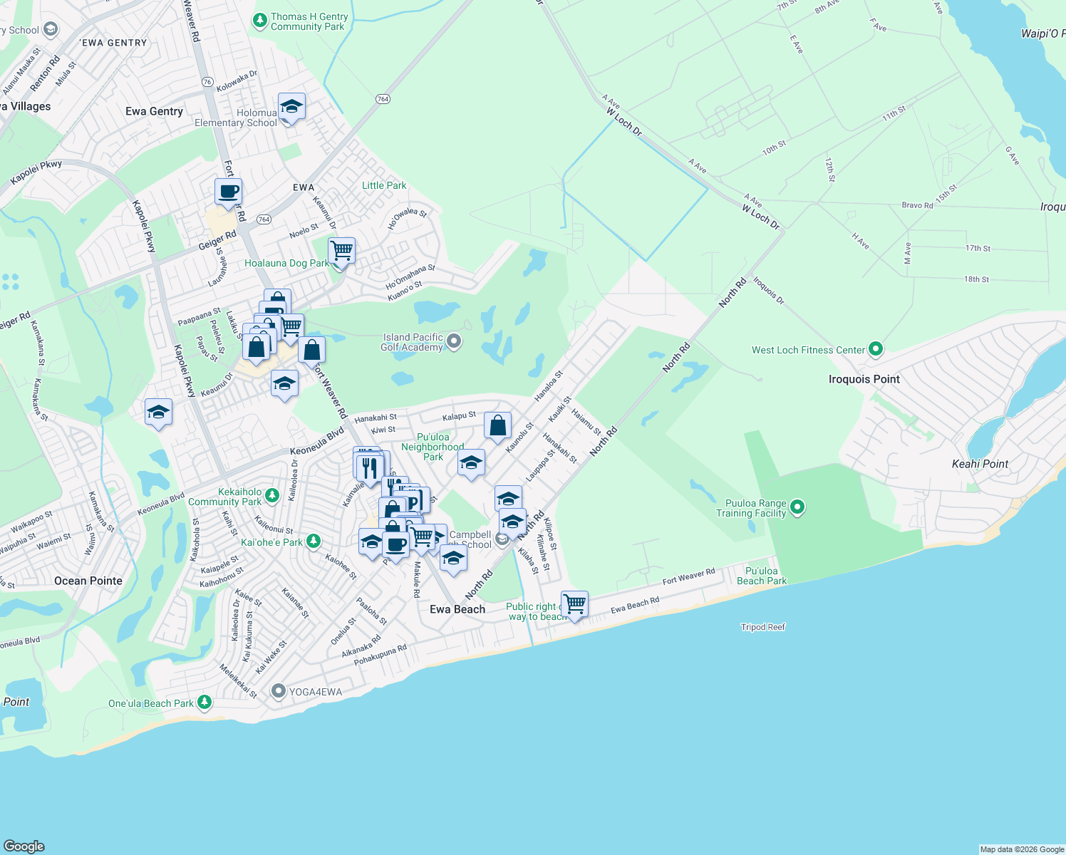map of restaurants, bars, coffee shops, grocery stores, and more near 91-1099 Kaunolu Street in Ewa Beach