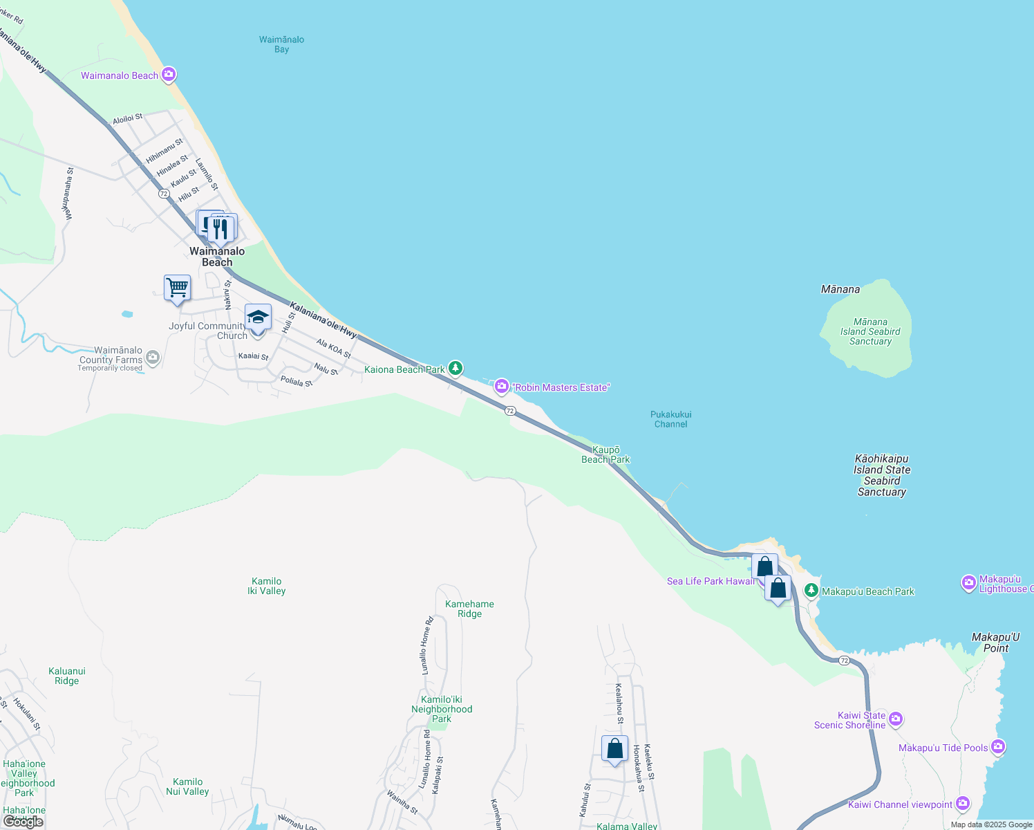 map of restaurants, bars, coffee shops, grocery stores, and more near 41 Hawaii 72 in Waimanalo