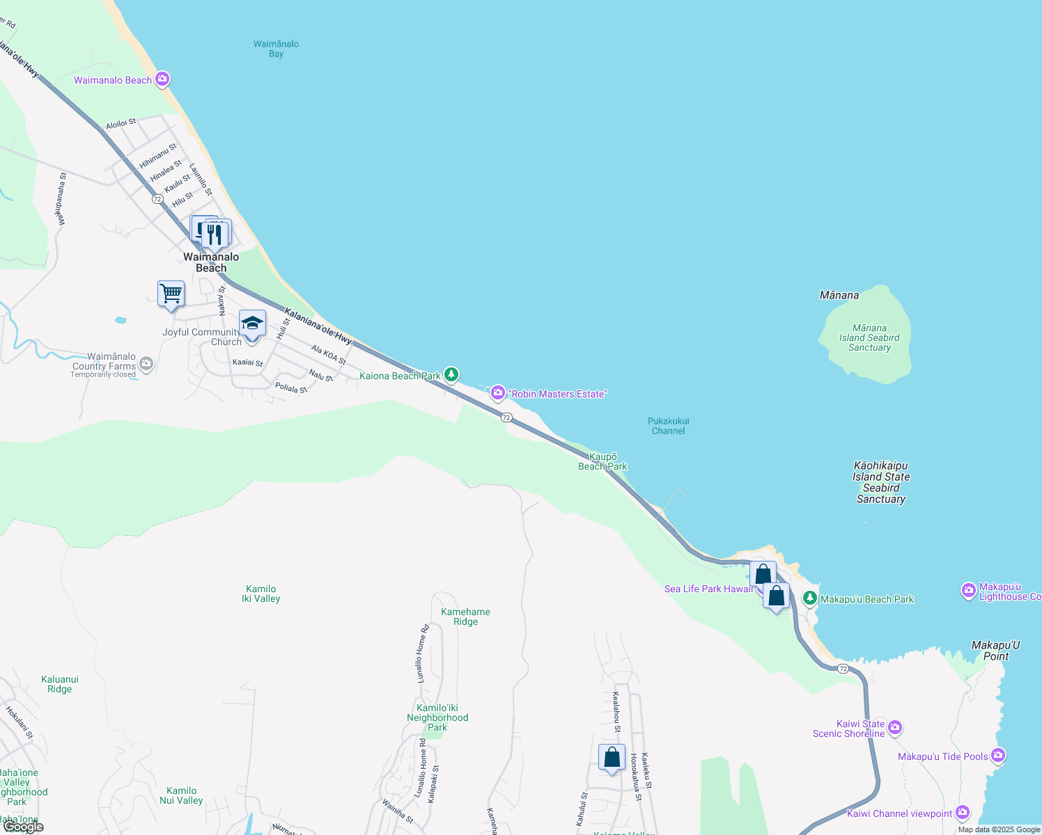 map of restaurants, bars, coffee shops, grocery stores, and more near 41-483 Kalanianaʻole Highway in Waimanalo