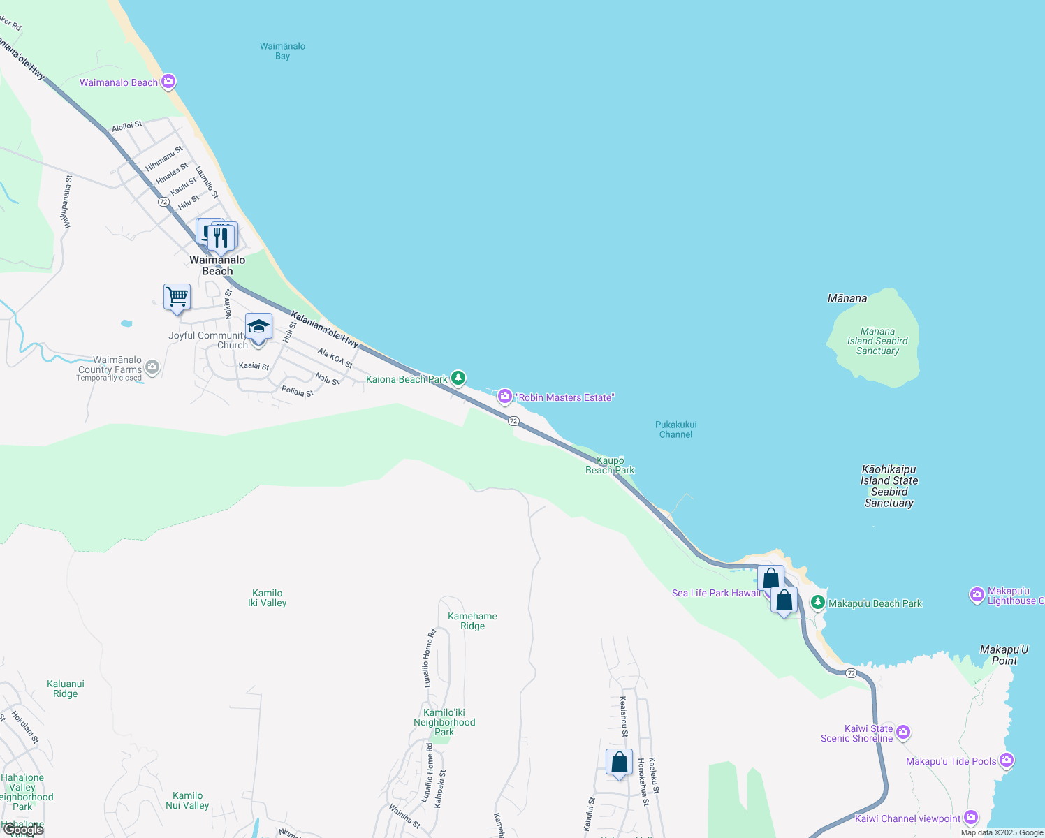 map of restaurants, bars, coffee shops, grocery stores, and more near 41-483 Kalanianaʻole Highway in Waimānalo