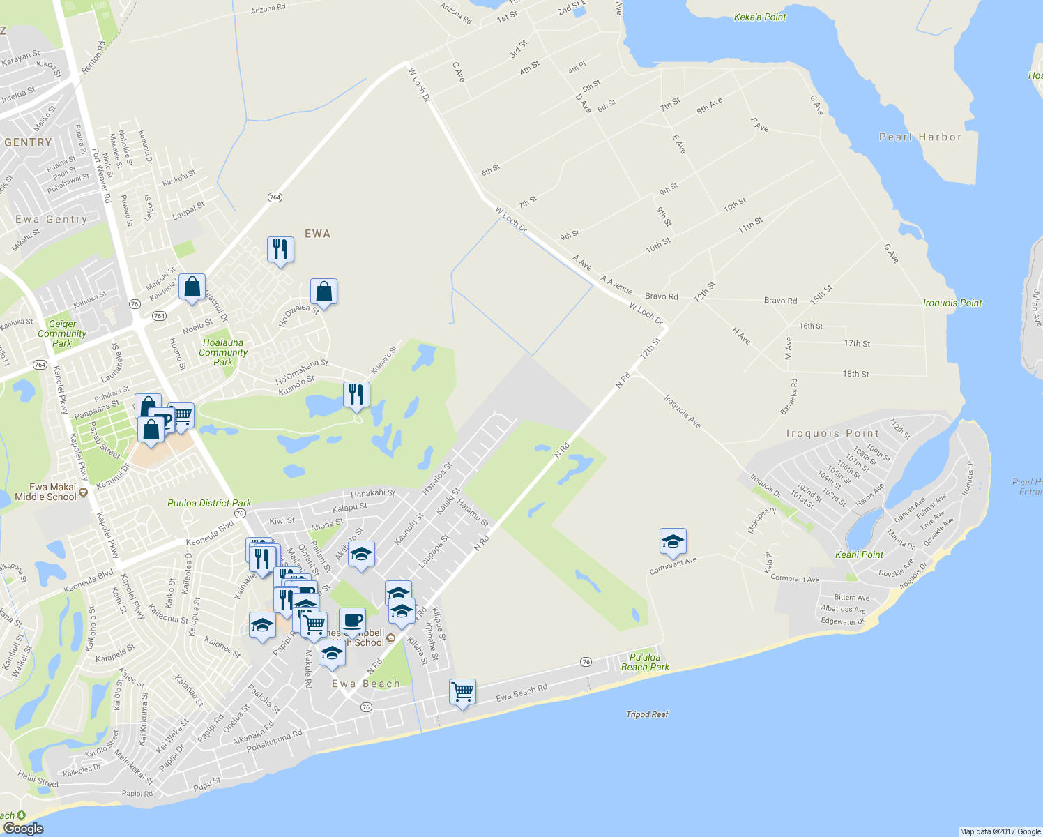 map of restaurants, bars, coffee shops, grocery stores, and more near 91-1227 Kauiki Street in Ewa Beach