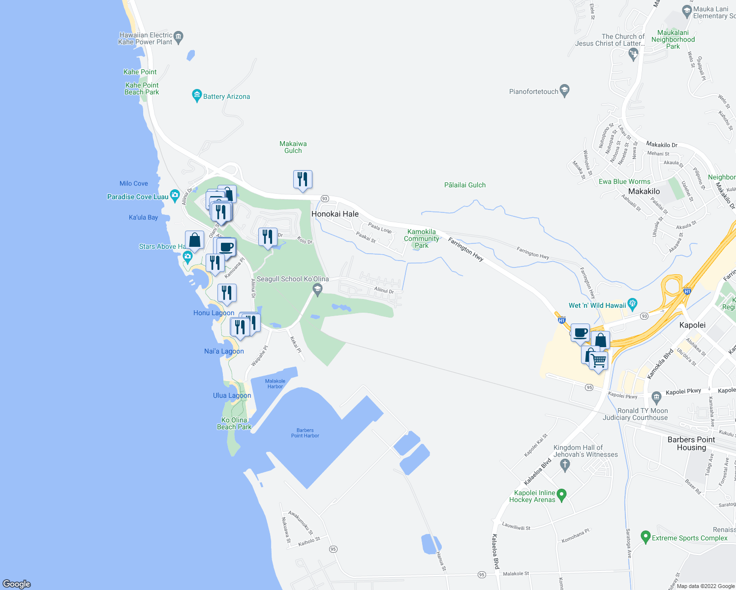 map of restaurants, bars, coffee shops, grocery stores, and more near in Kapolei
