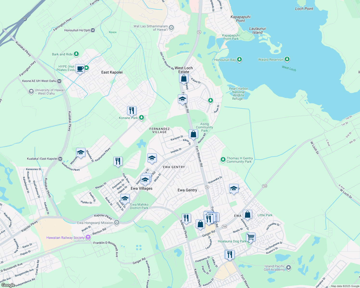 map of restaurants, bars, coffee shops, grocery stores, and more near 91-1352 Hoopio Street in Ewa Beach