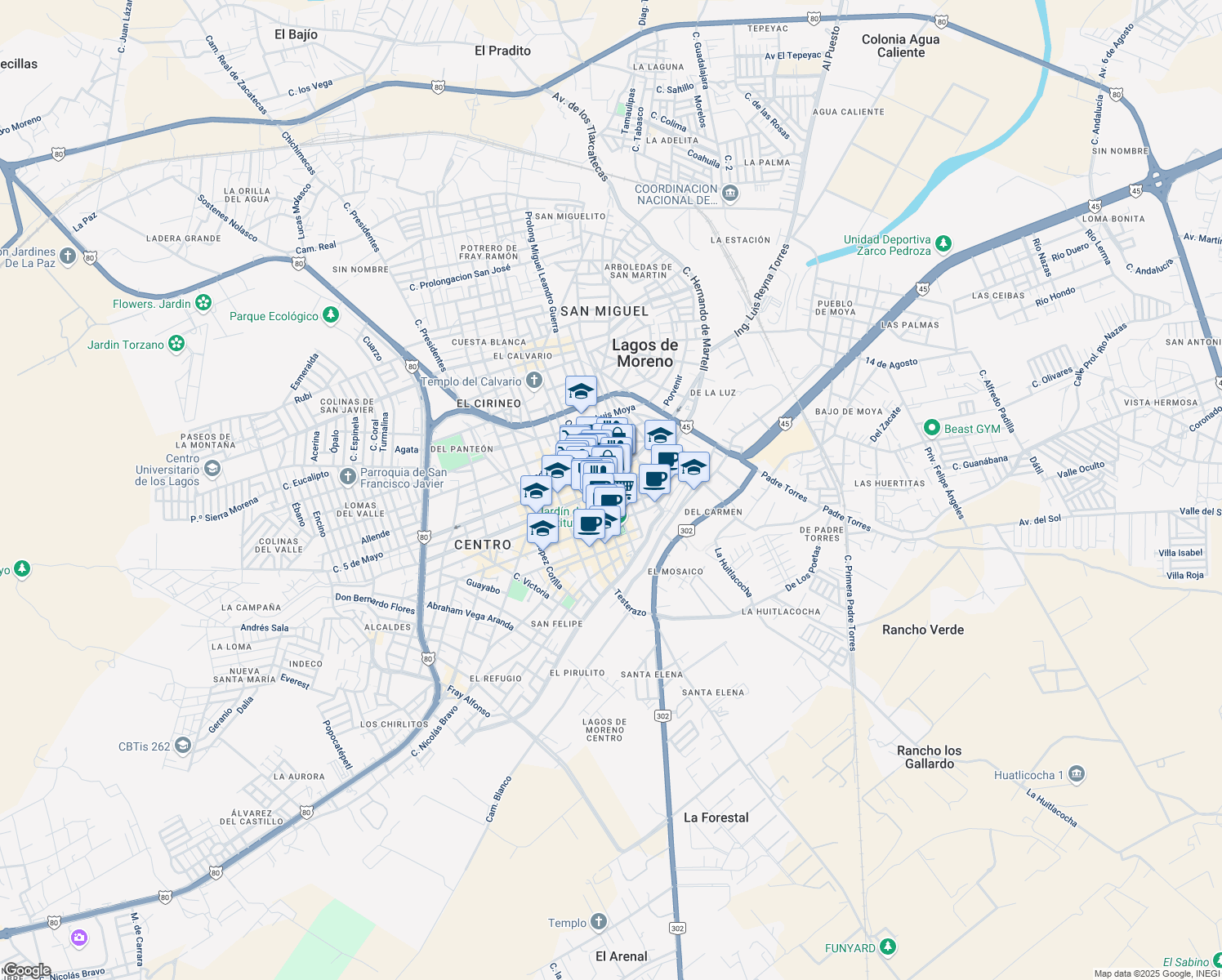 map of restaurants, bars, coffee shops, grocery stores, and more near 47 Prolongación Miguel Leandro G. in Lagos de Moreno