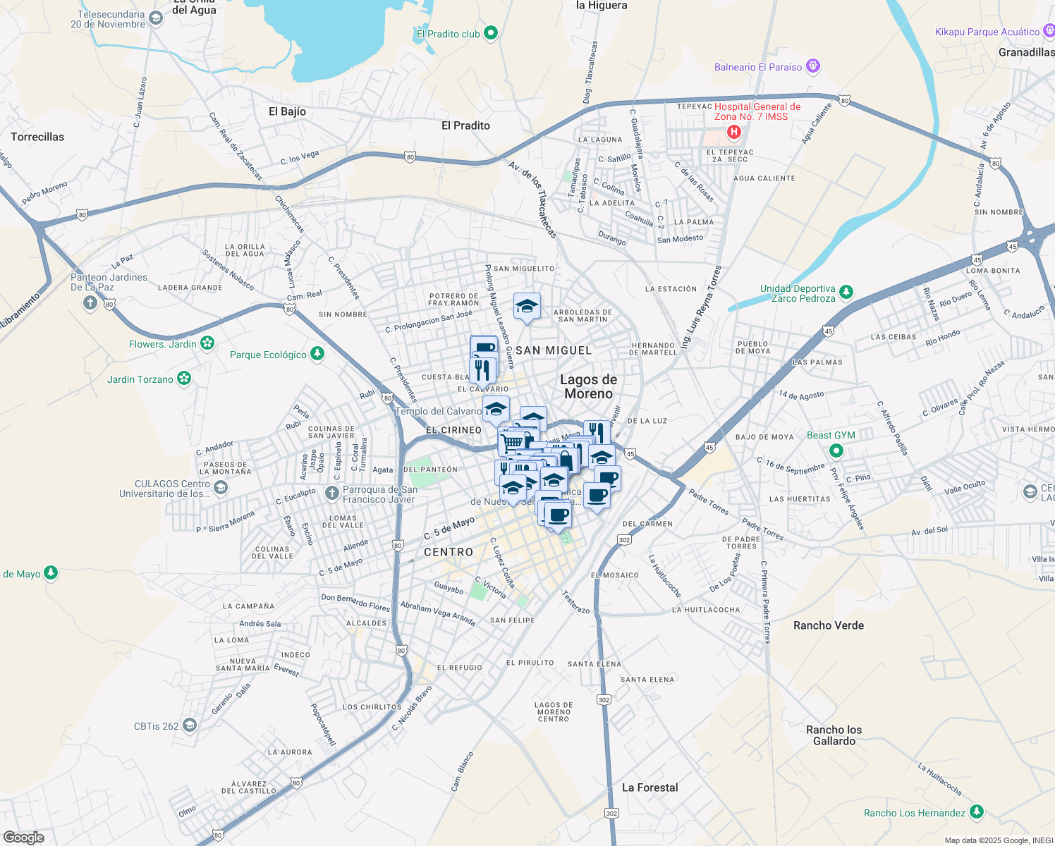 map of restaurants, bars, coffee shops, grocery stores, and more near 47 Prolongación Miguel Leandro G. in Lagos de Moreno