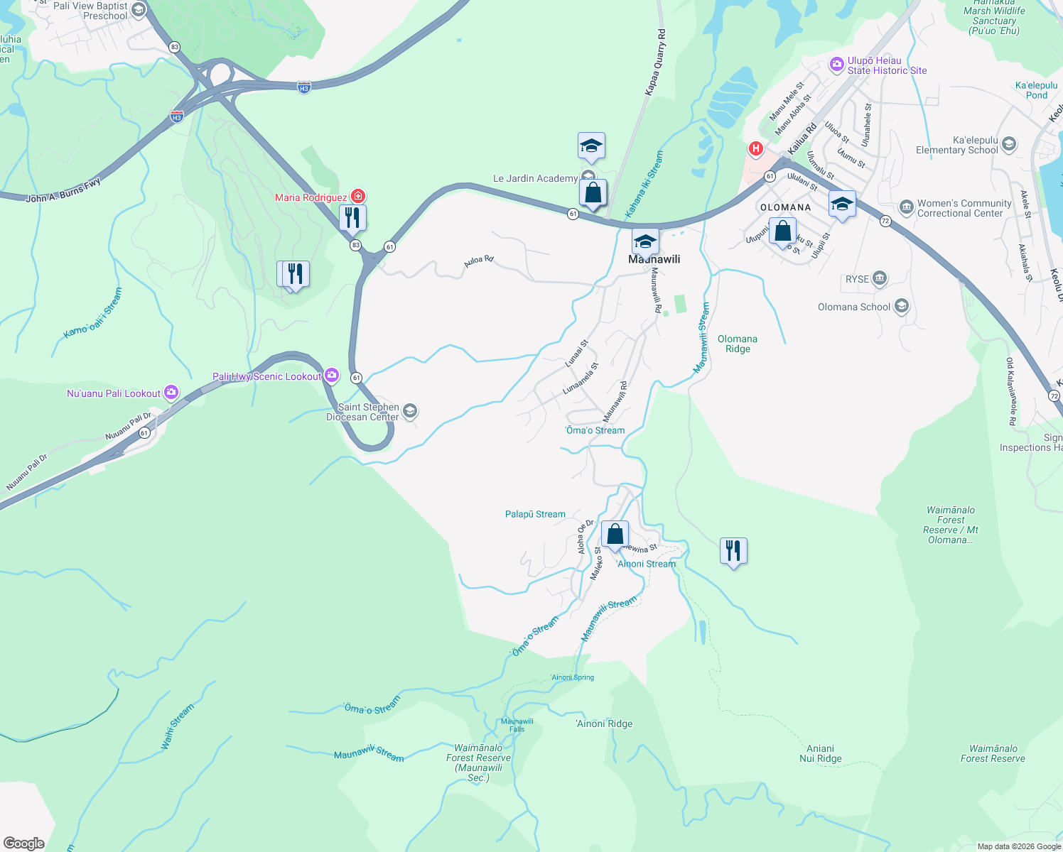 map of restaurants, bars, coffee shops, grocery stores, and more near 1172 Lunahaneli Place in Kailua