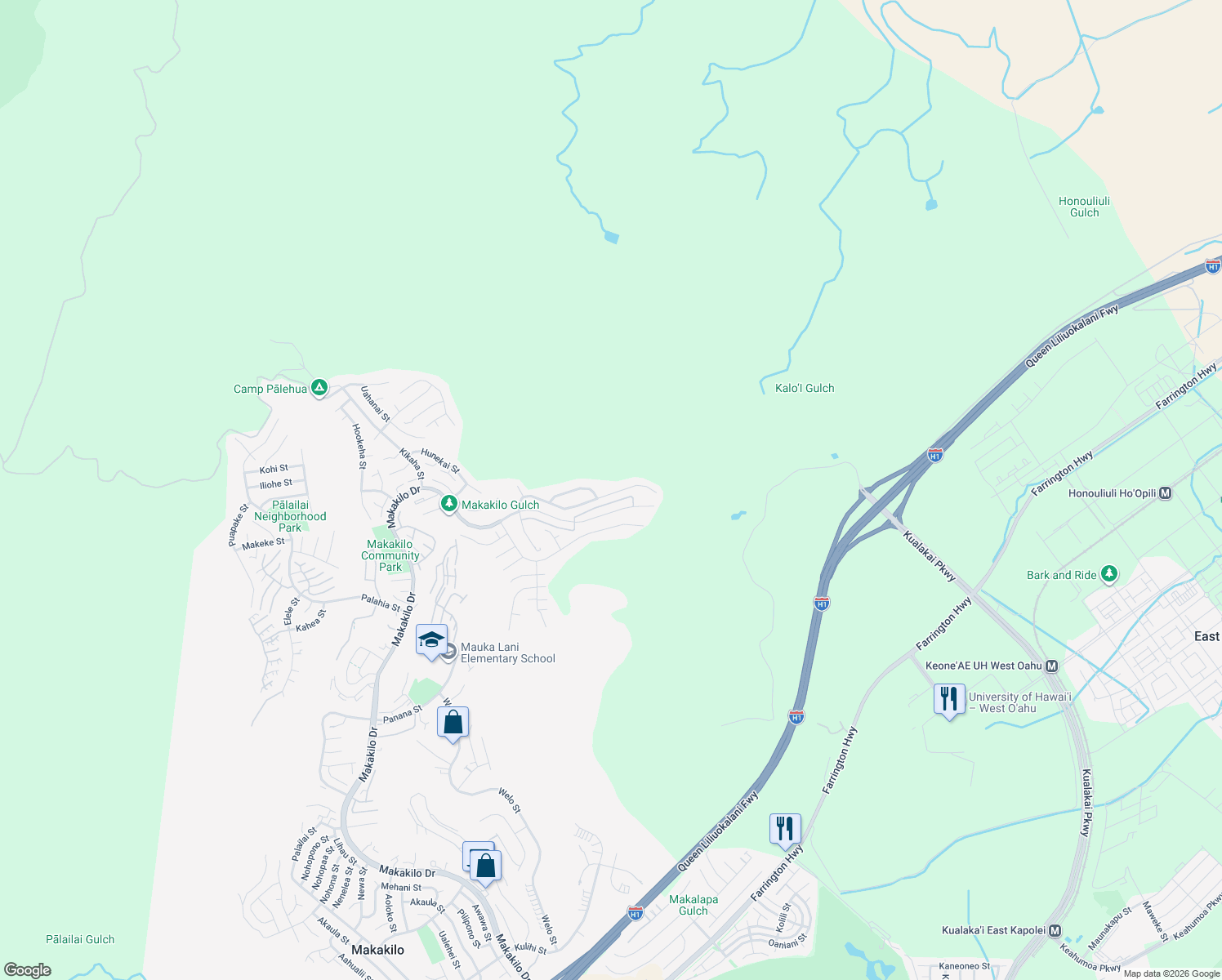 map of restaurants, bars, coffee shops, grocery stores, and more near 92-1478 Punawainui Street in Kapolei