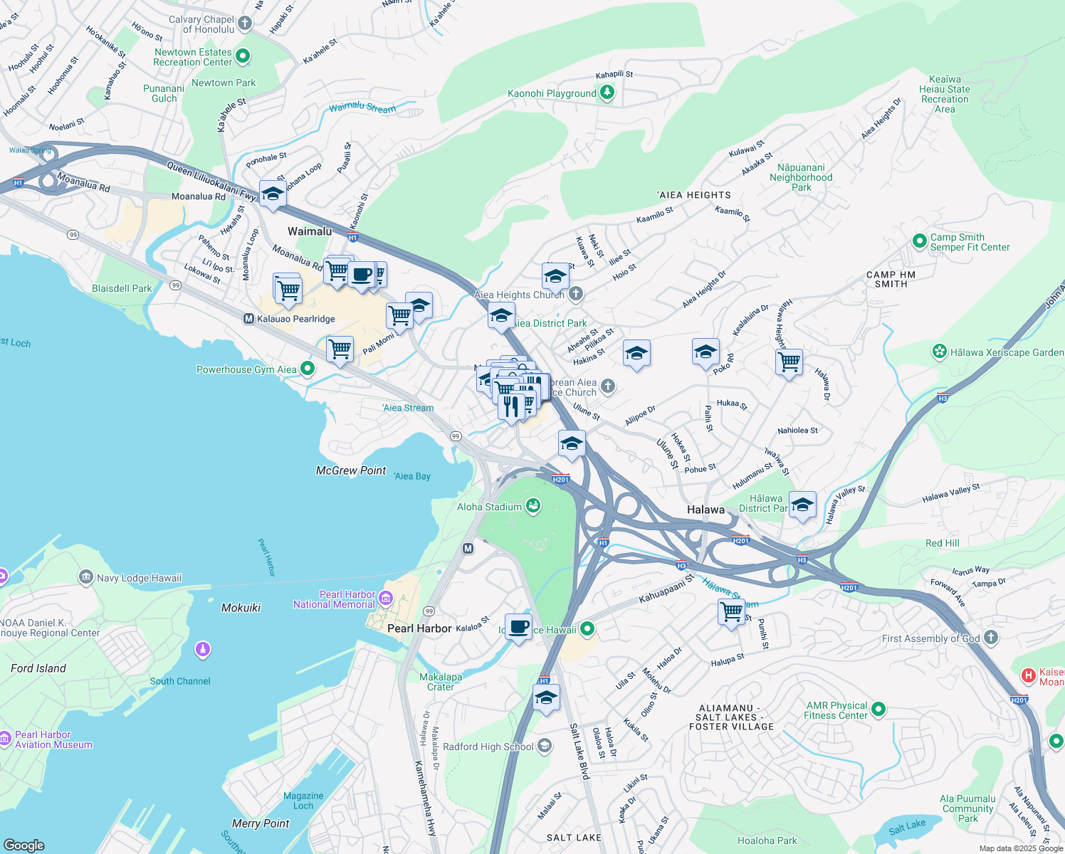 map of restaurants, bars, coffee shops, grocery stores, and more near 99-132 Nanu Place in Aiea