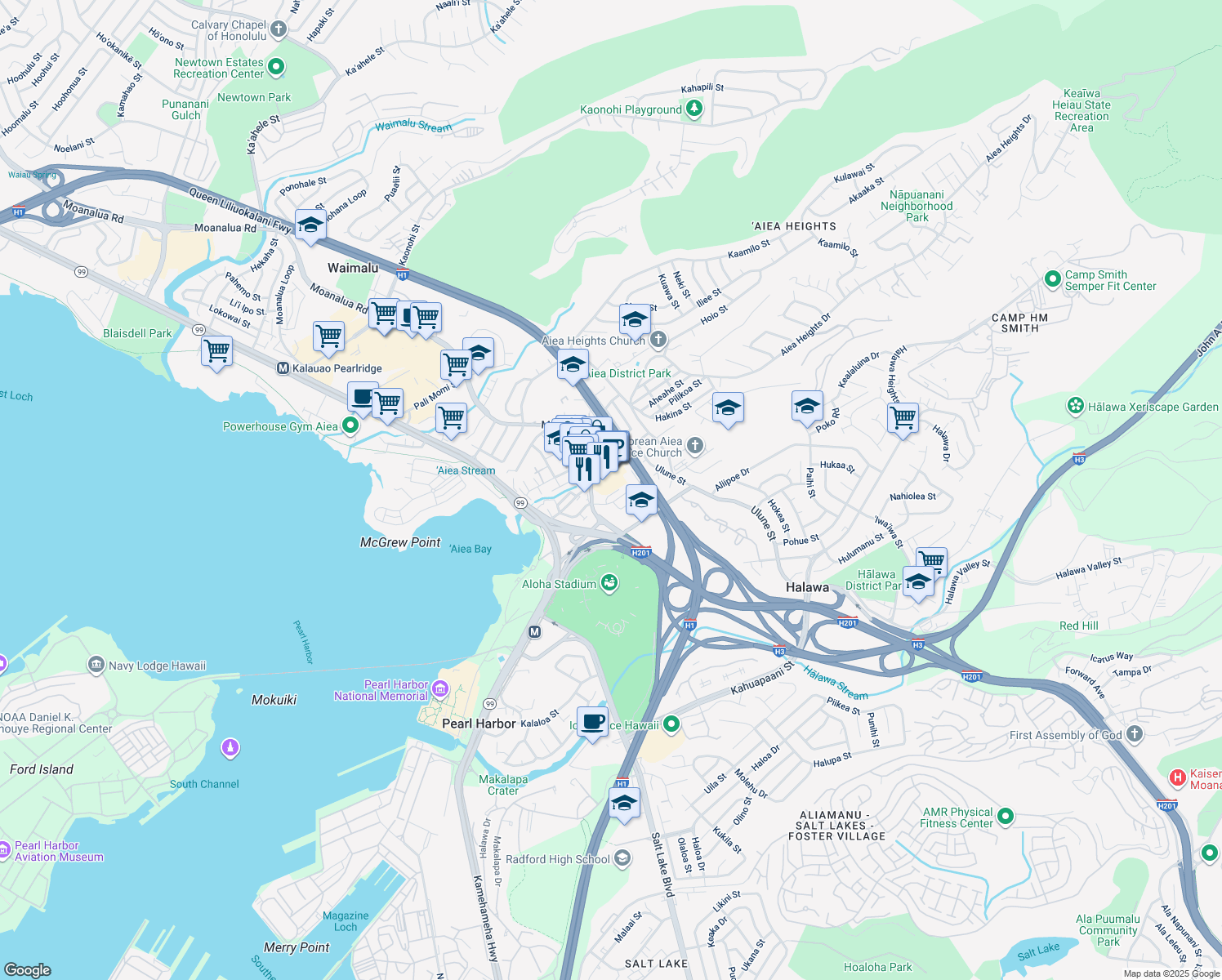 map of restaurants, bars, coffee shops, grocery stores, and more near 99-138 Nanu Place in Aiea